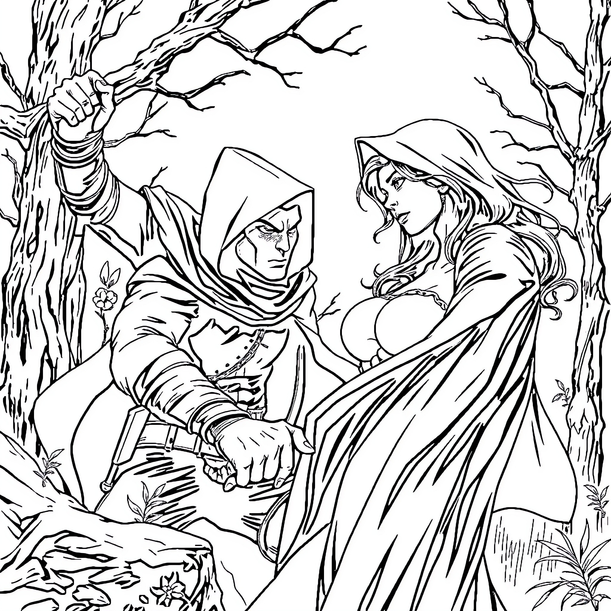 Red Hood characters in a fantasy forest setting Coloring Page (free black-and-white line drawing printable PDF for all, from beginners to advanced learners, including children, teens, adults, and seniors)
