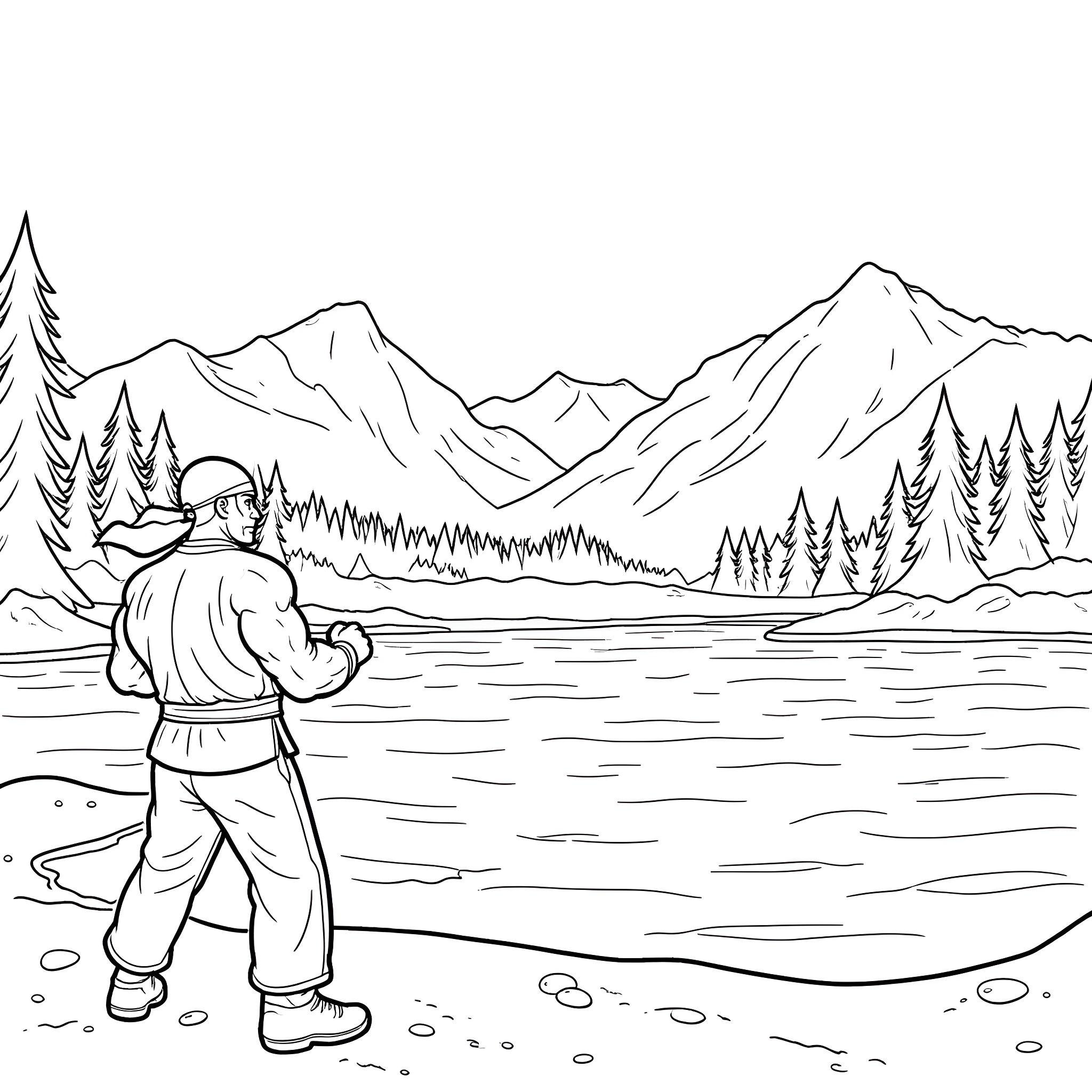 Street Fighter in Snowy Mountain Landscape Coloring Page (free black-and-white line drawing printable PDF for all, from beginners to advanced learners, including children, teens, adults, and seniors)