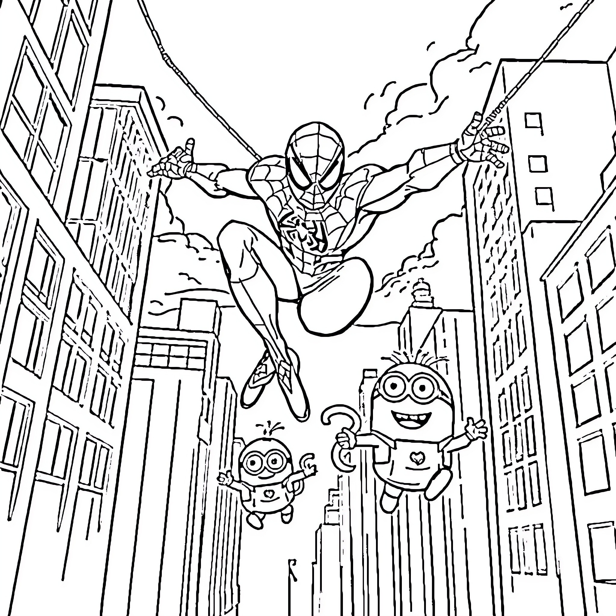 Spidey swinging through the city with Minions Coloring Page (free black-and-white line drawing printable PDF for all, from beginners to advanced learners, including children, teens, adults, and seniors)