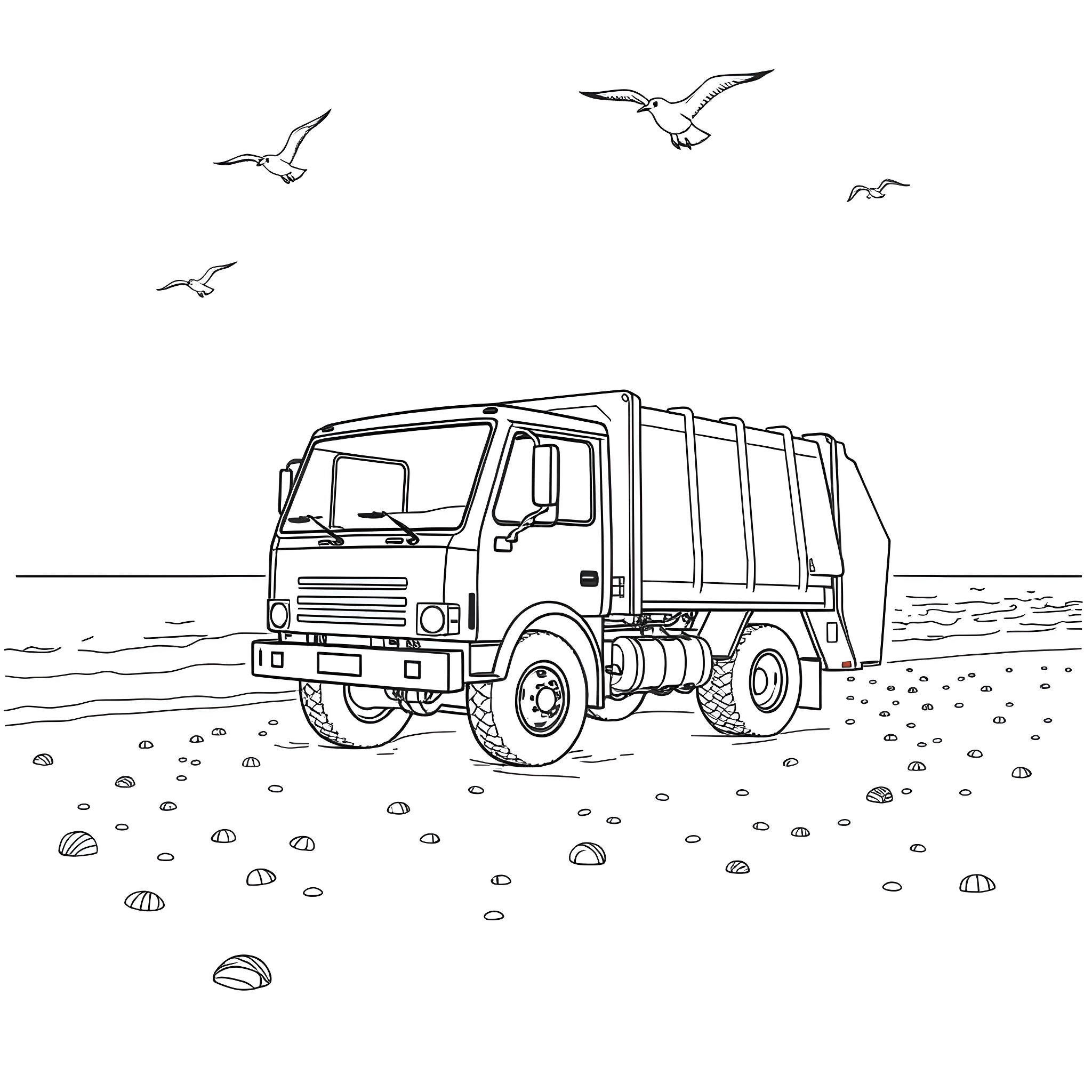 Trash Truck Collecting Waste by the Seaside Coloring Page (free black-and-white line drawing printable PDF for all, from beginners to advanced learners, including children, teens, adults, and seniors)