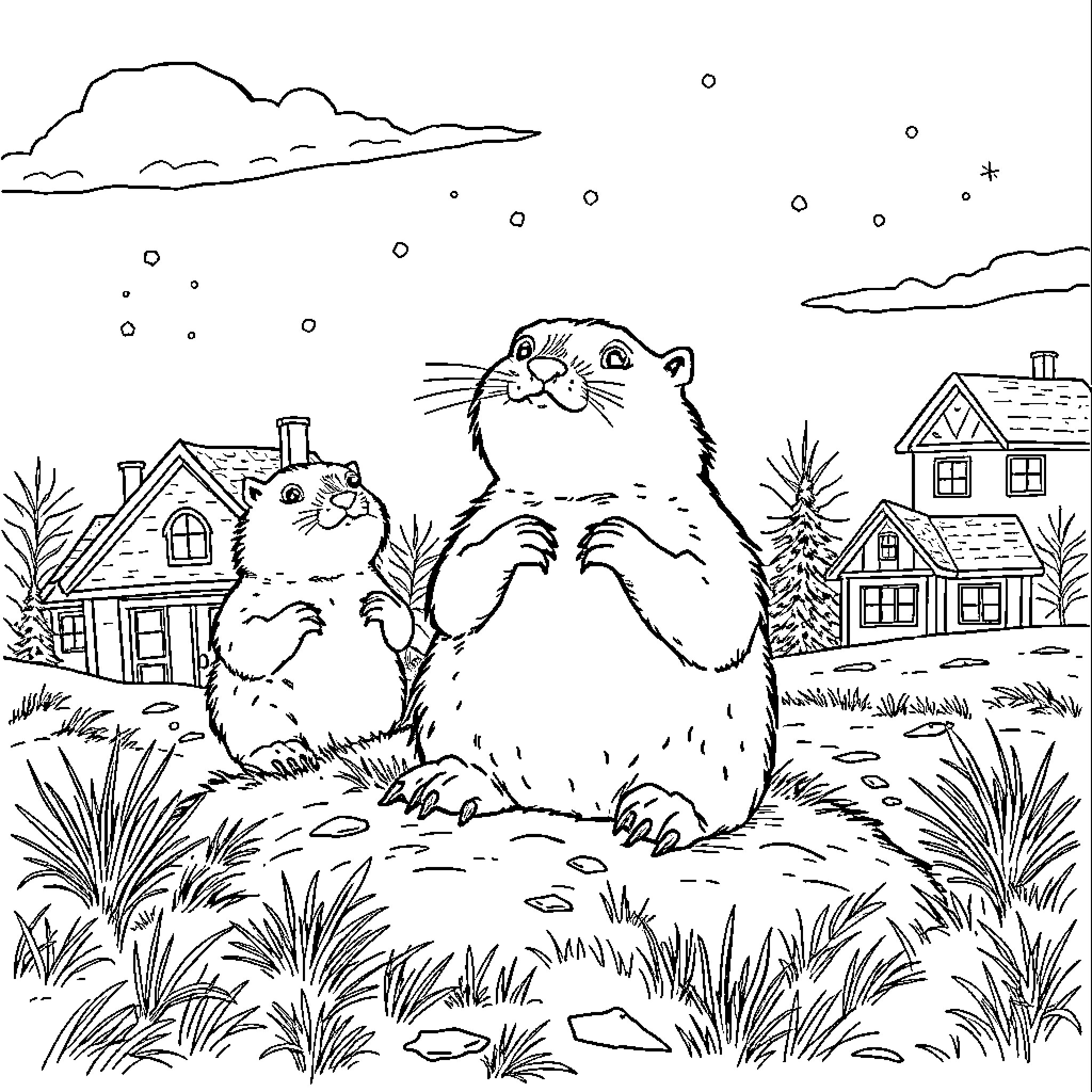Groundhog couple exploring scenic winter landscape Coloring Page (free black-and-white line drawing printable PDF for all, from beginners to advanced learners, including children, teens, adults, and seniors)