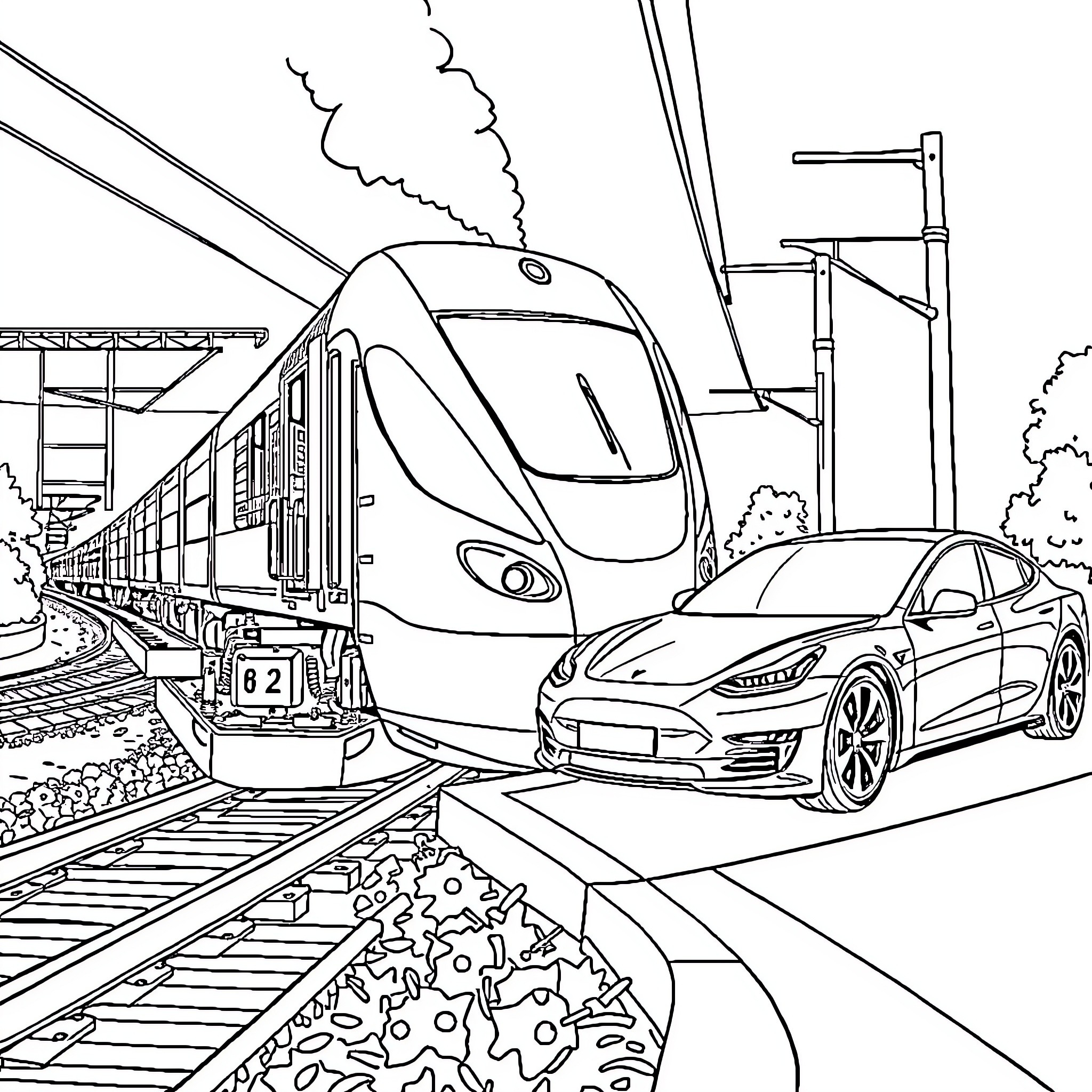 Train Passing By High-Speed Electric Vehicle Coloring Page (free black-and-white line drawing printable PDF for all, from beginners to advanced learners, including children, teens, adults, and seniors)