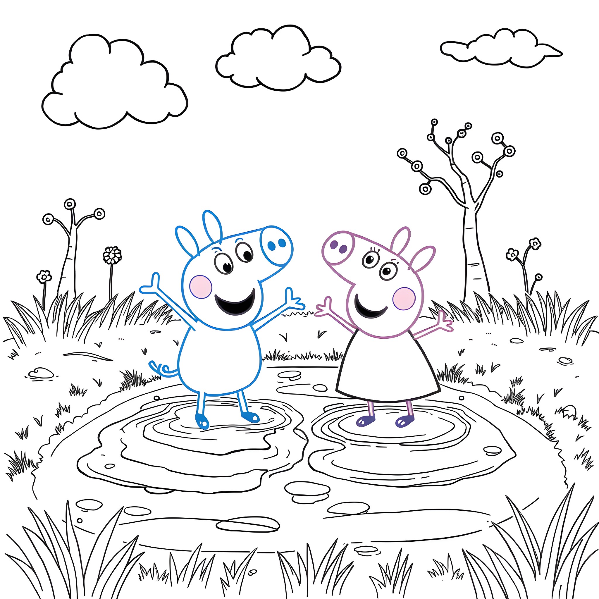 Bluey and Bingo Splashing in Puddles Coloring Page (free black-and-white line drawing printable PDF for all, from beginners to advanced learners, including children, teens, adults, and seniors)