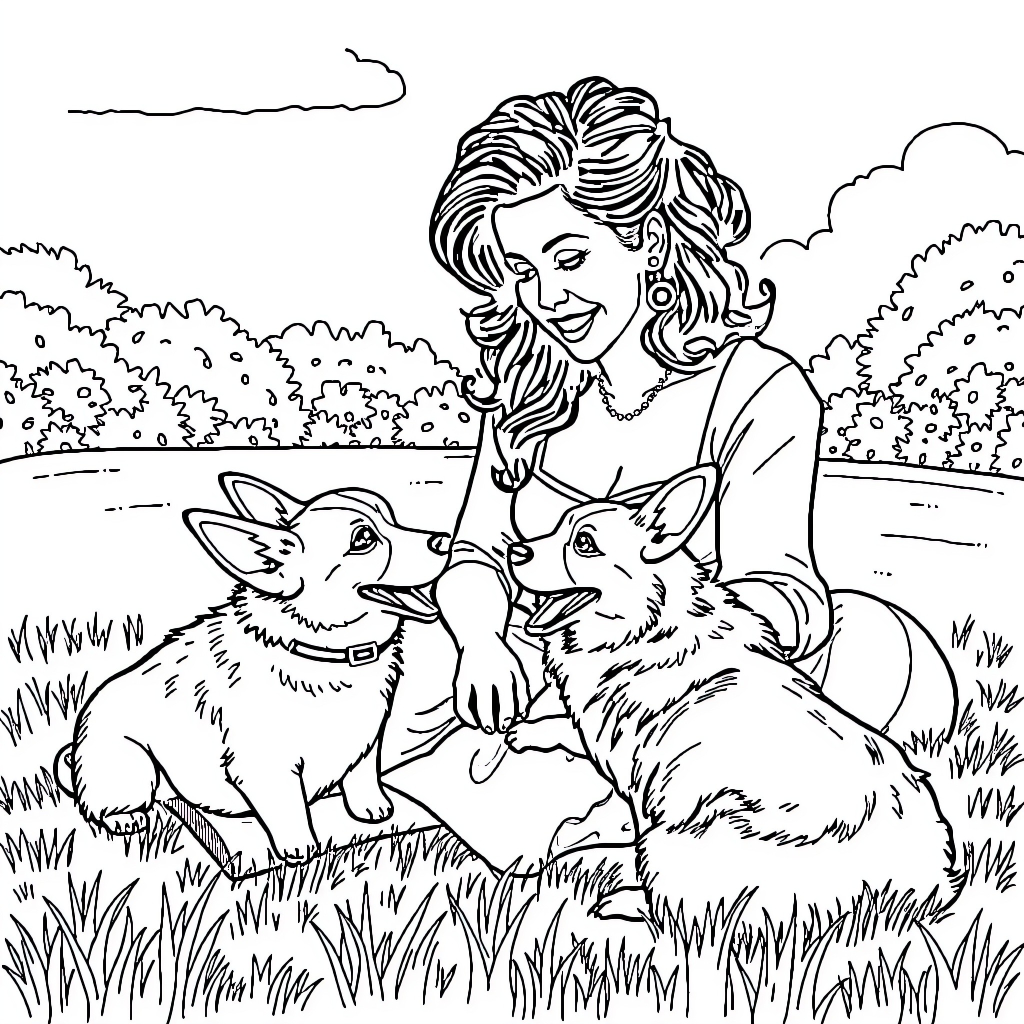 Amy Winehouse enjoying time with pet dogs in nature Coloring Page (free black-and-white line drawing printable PDF for all, from beginners to advanced learners, including children, teens, adults, and seniors)