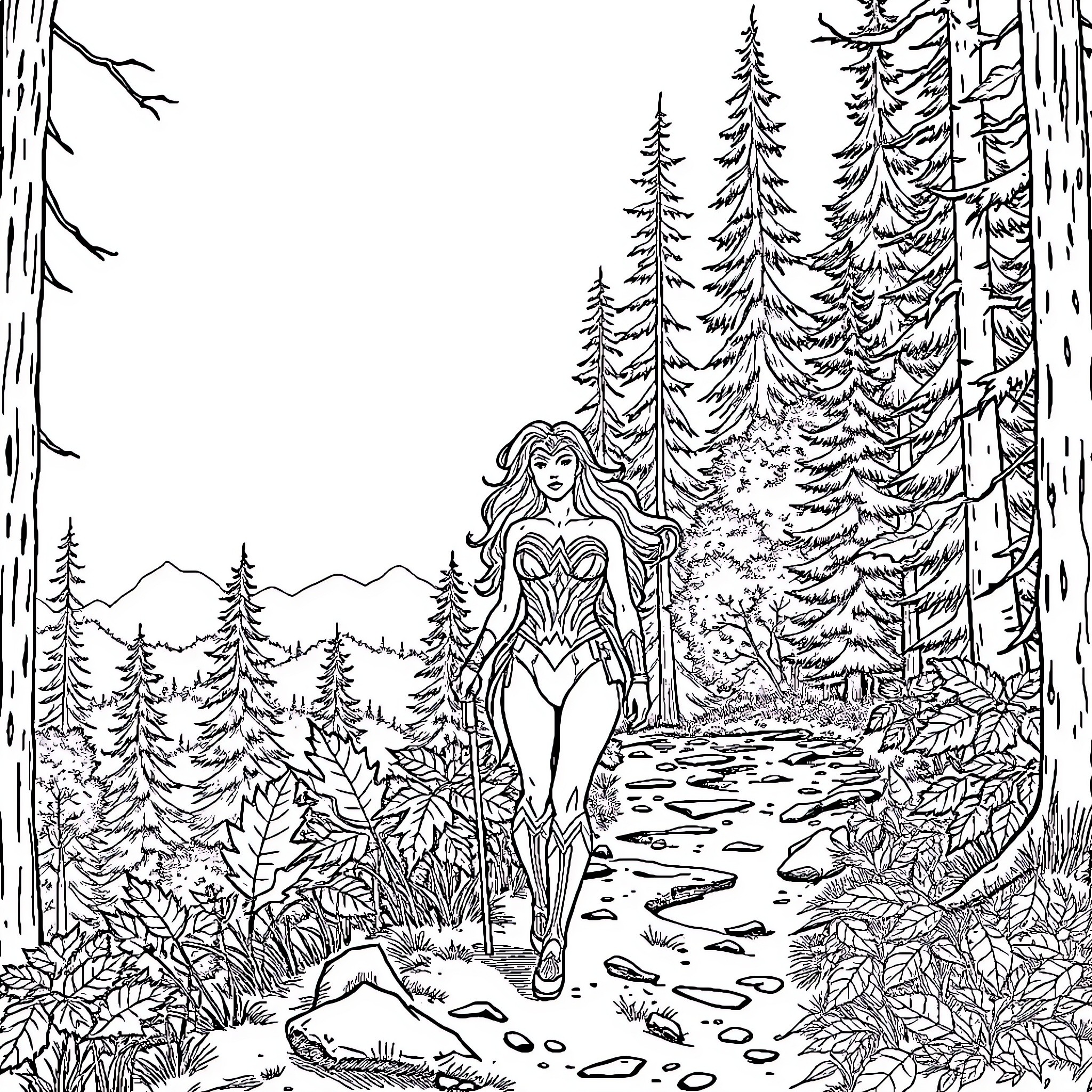 Wonder Woman in a magical forest landscape Coloring Page (free black-and-white line drawing printable PDF for all, from beginners to advanced learners, including children, teens, adults, and seniors)