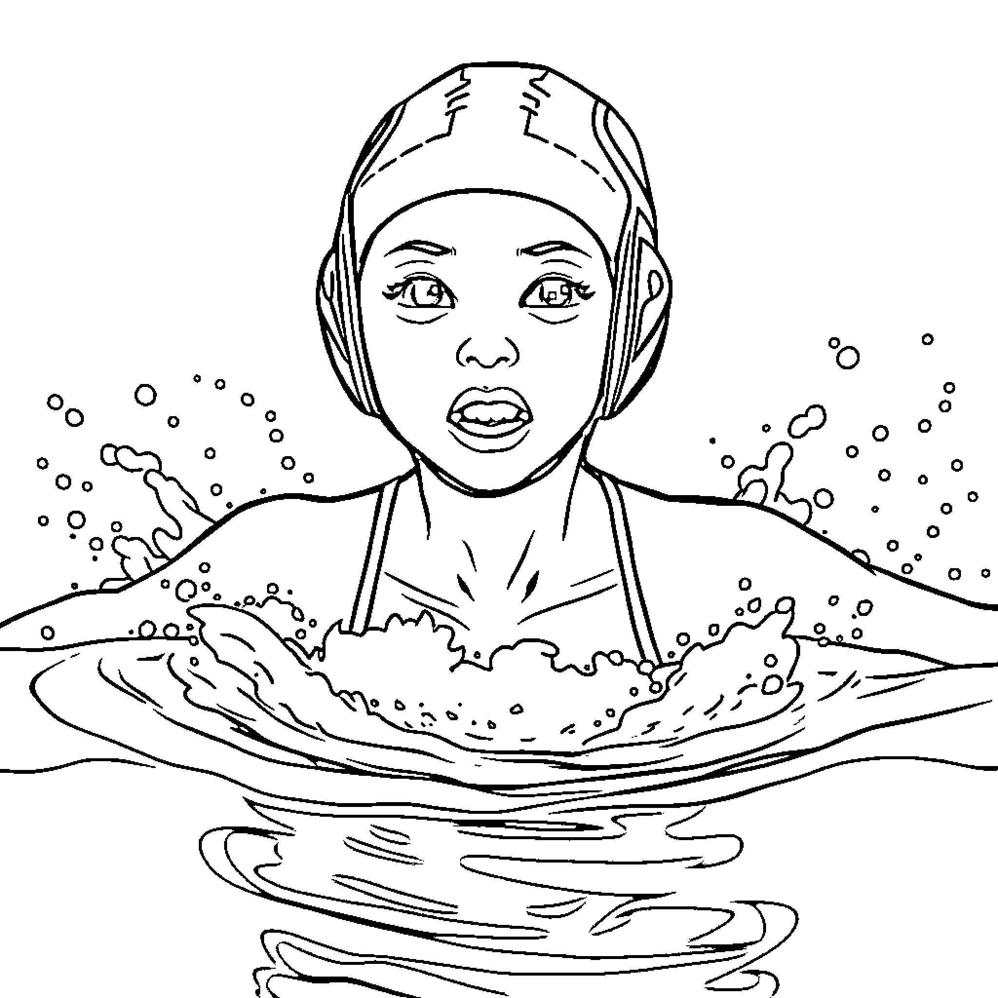 Girl splashing water in the swimming pool Coloring Page (free black-and-white line drawing printable PDF for all, from beginners to advanced learners, including children, teens, adults, and seniors)