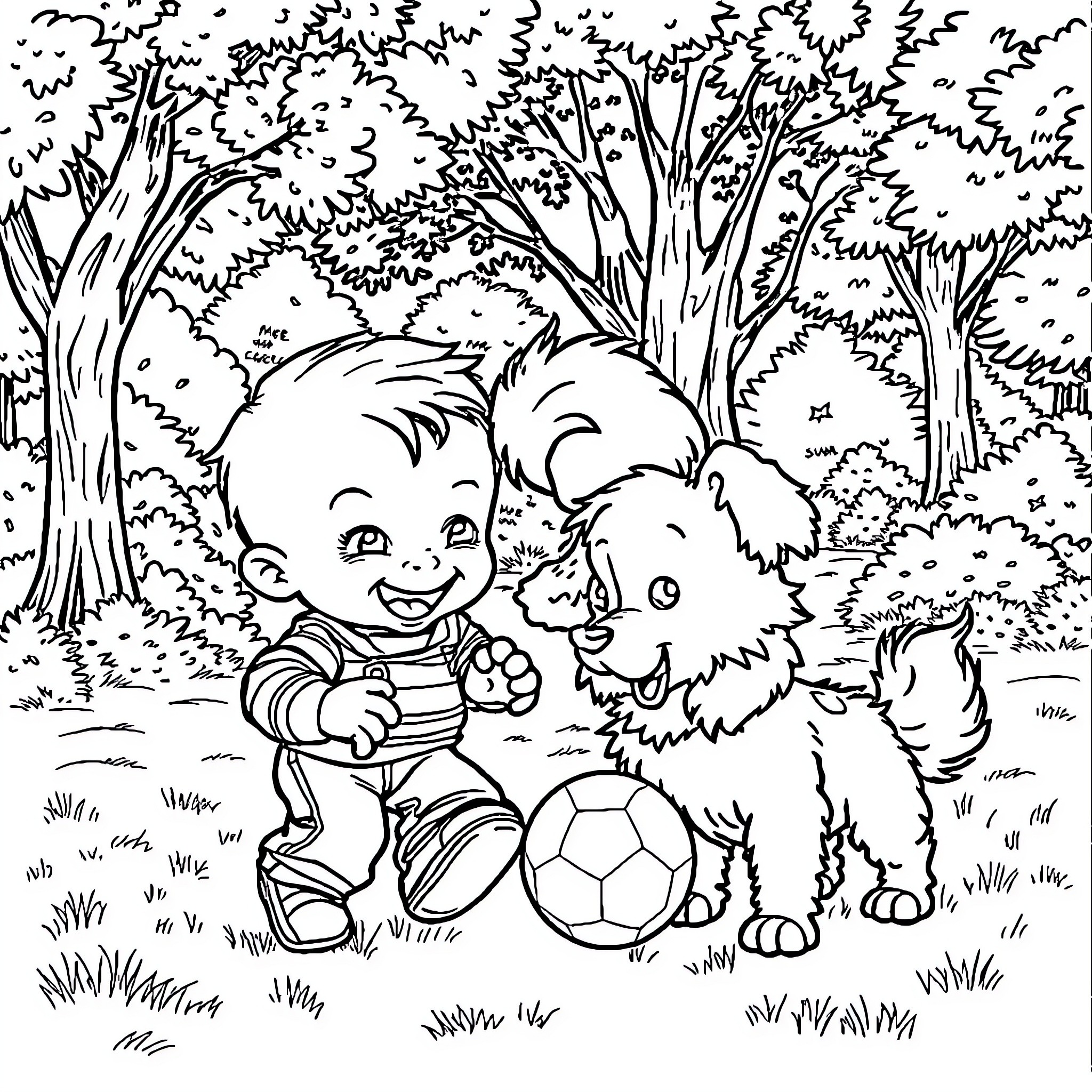 Chucky's Playful Adventure with Pet in the Woods Coloring Page (free black-and-white line drawing printable PDF for all, from beginners to advanced learners, including children, teens, adults, and seniors)