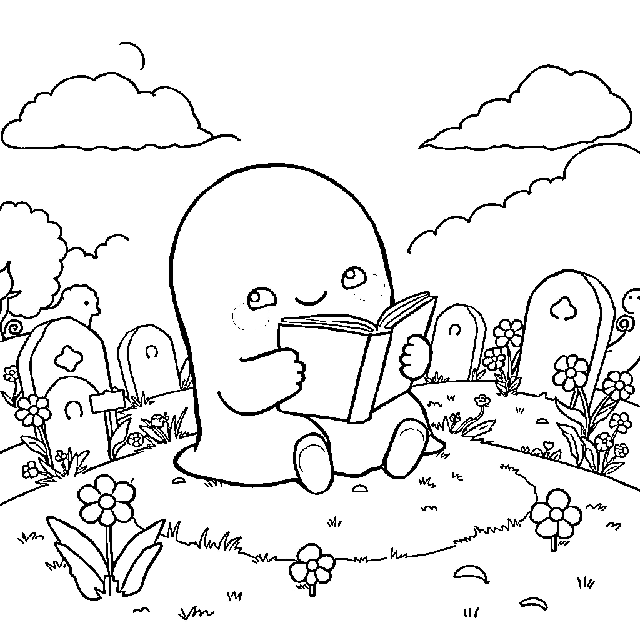 Ghost reading a book in a whimsical outdoor scene Coloring Page (free black-and-white line drawing printable PDF for all, from beginners to advanced learners, including children, teens, adults, and seniors)
