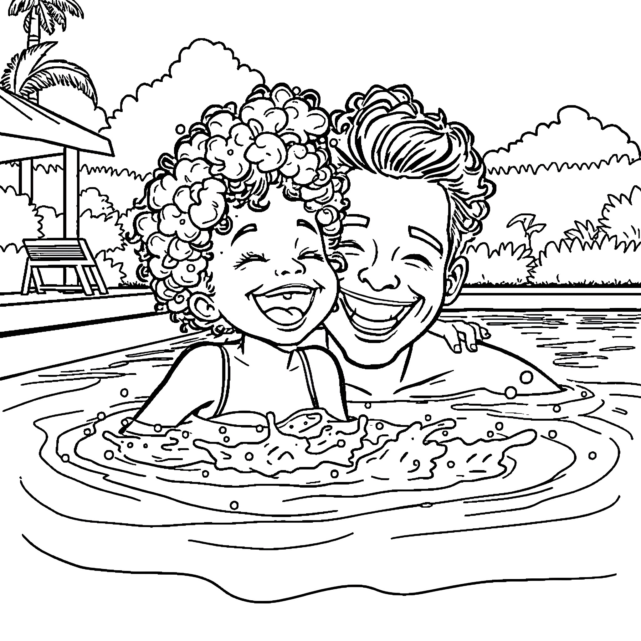Girl and Boy Enjoying a Playful Swim Coloring Page (free black-and-white line drawing printable PDF for all, from beginners to advanced learners, including children, teens, adults, and seniors)