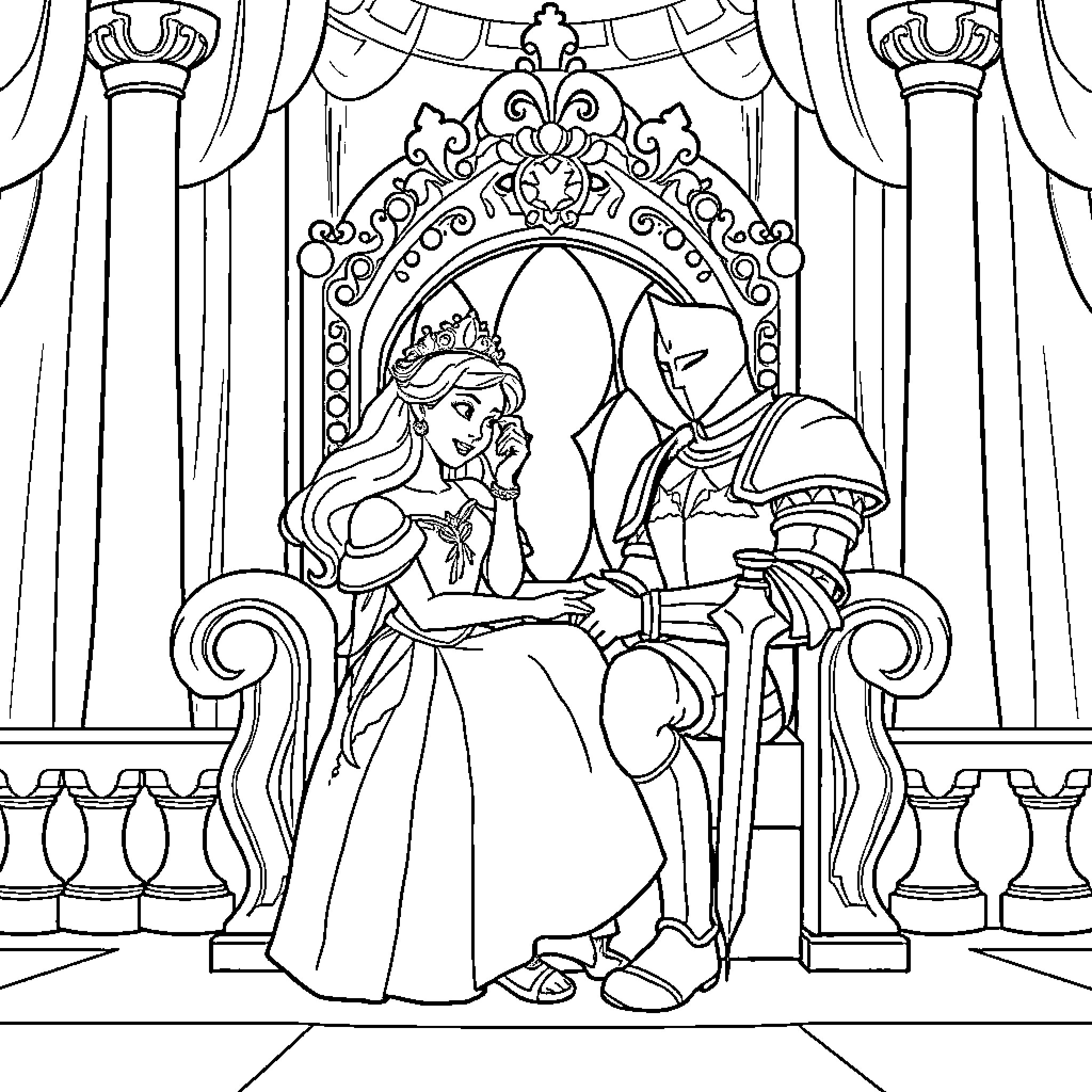 Princess and Prince Conversing in Royal Palace Coloring Page (free black-and-white line drawing printable PDF for all, from beginners to advanced learners, including children, teens, adults, and seniors)