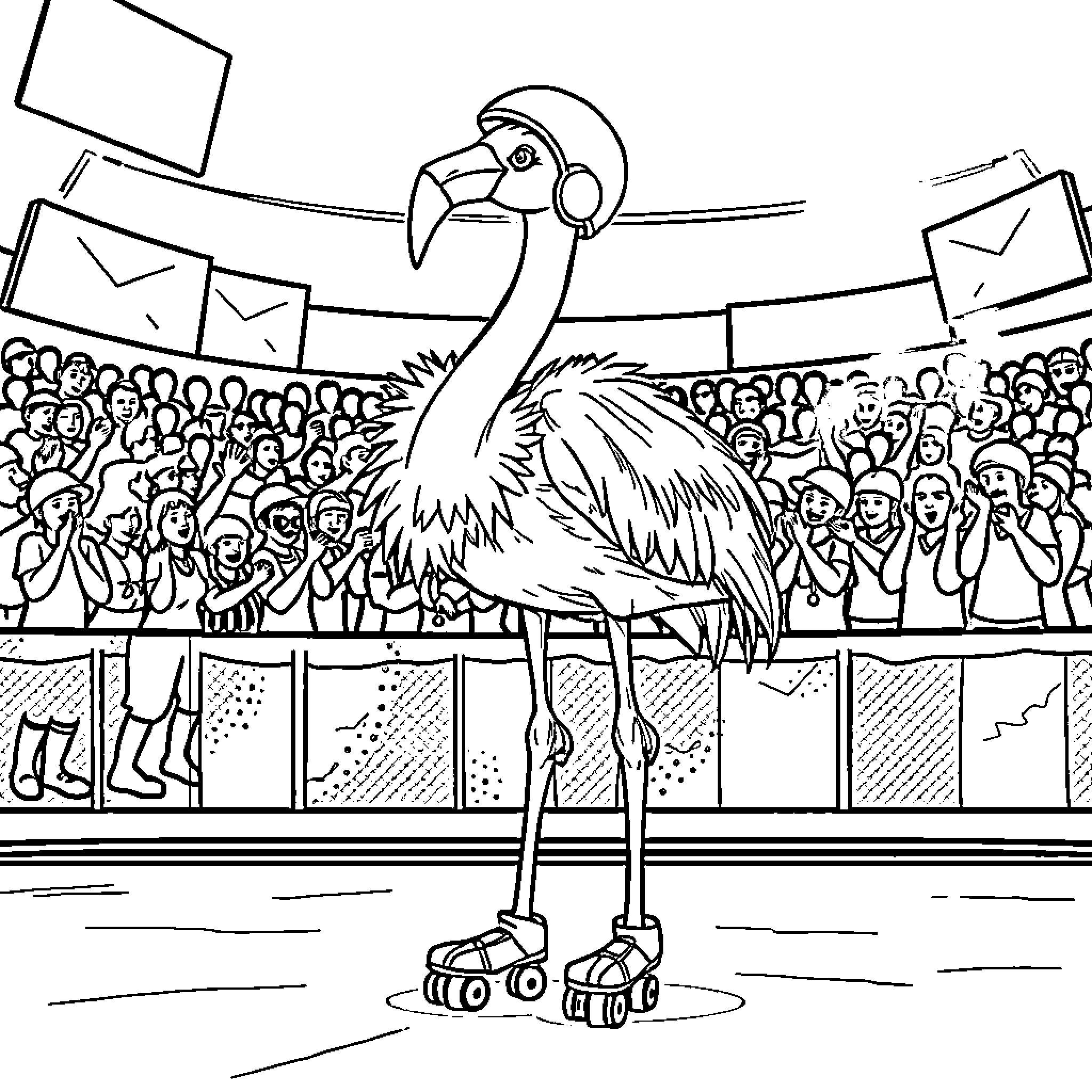 Flamingo performing in a crowd Coloring Page (free black-and-white line drawing printable PDF for all, from beginners to advanced learners, including children, teens, adults, and seniors)