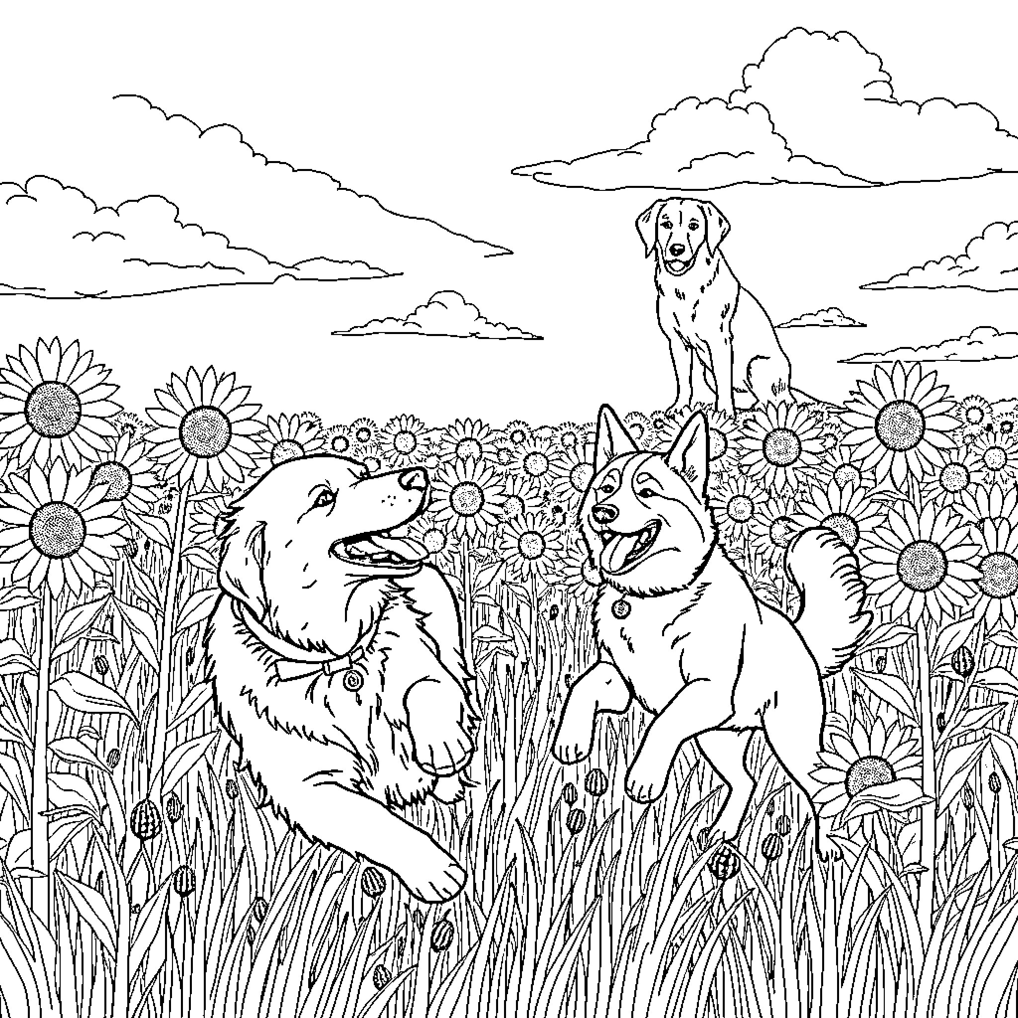 Dogs playing in a sunflower field Coloring Page (free black-and-white line drawing printable PDF for all, from beginners to advanced learners, including children, teens, adults, and seniors)