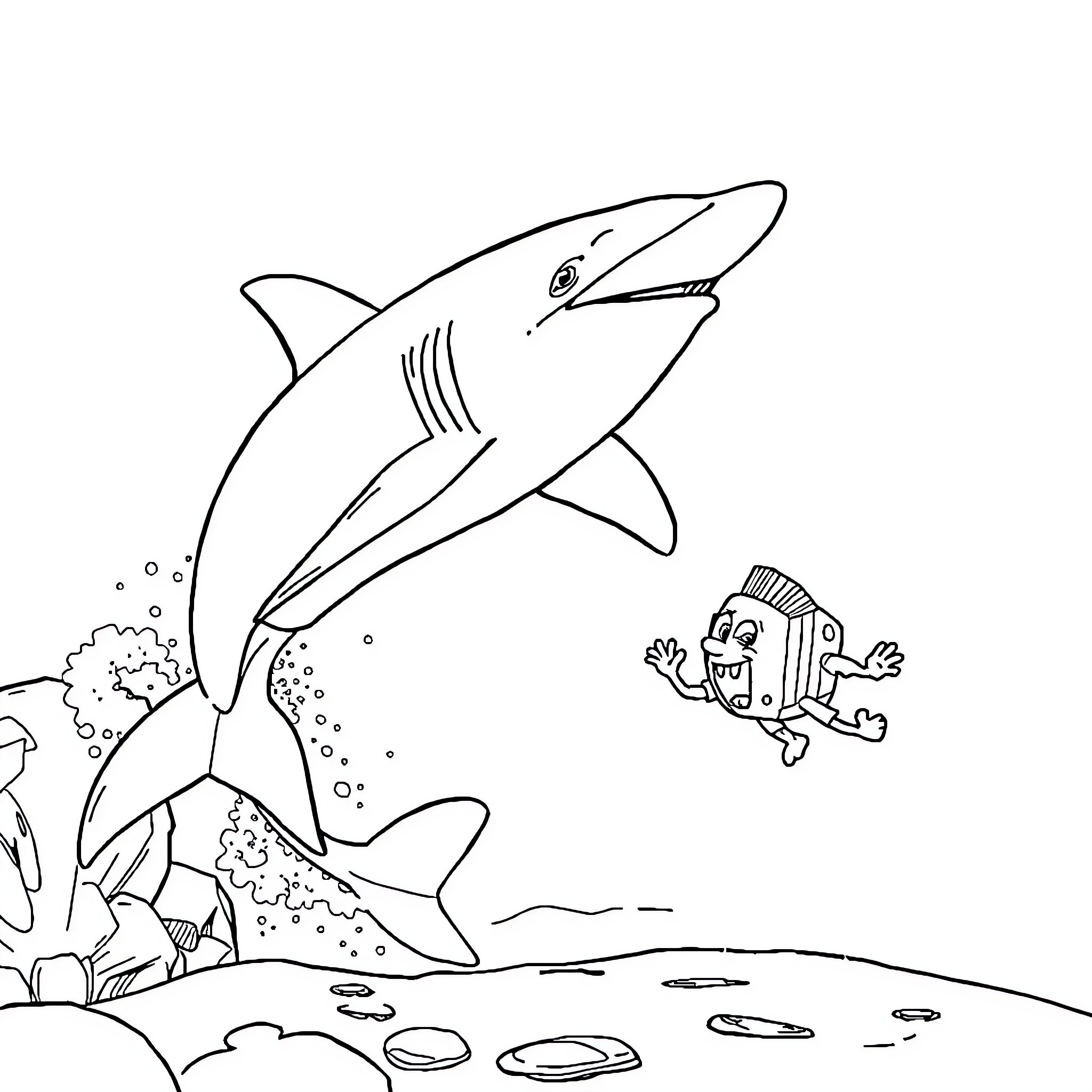 Shark chasing a frightened fish underwater Coloring Page (free black-and-white line drawing printable PDF for all, from beginners to advanced learners, including children, teens, adults, and seniors)