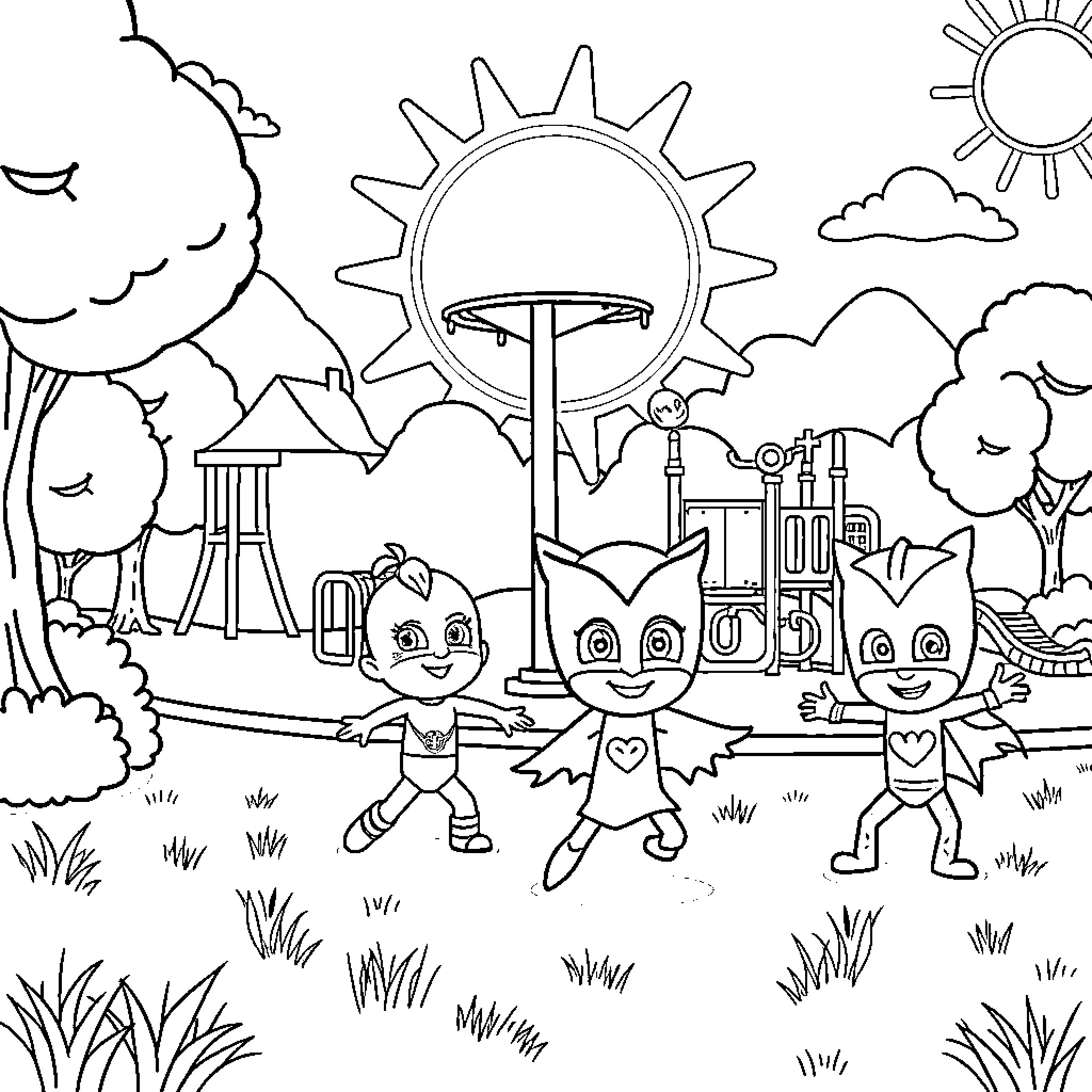 Pj Mask characters playing in the park Coloring Page (free black-and-white line drawing printable PDF for all, from beginners to advanced learners, including children, teens, adults, and seniors)