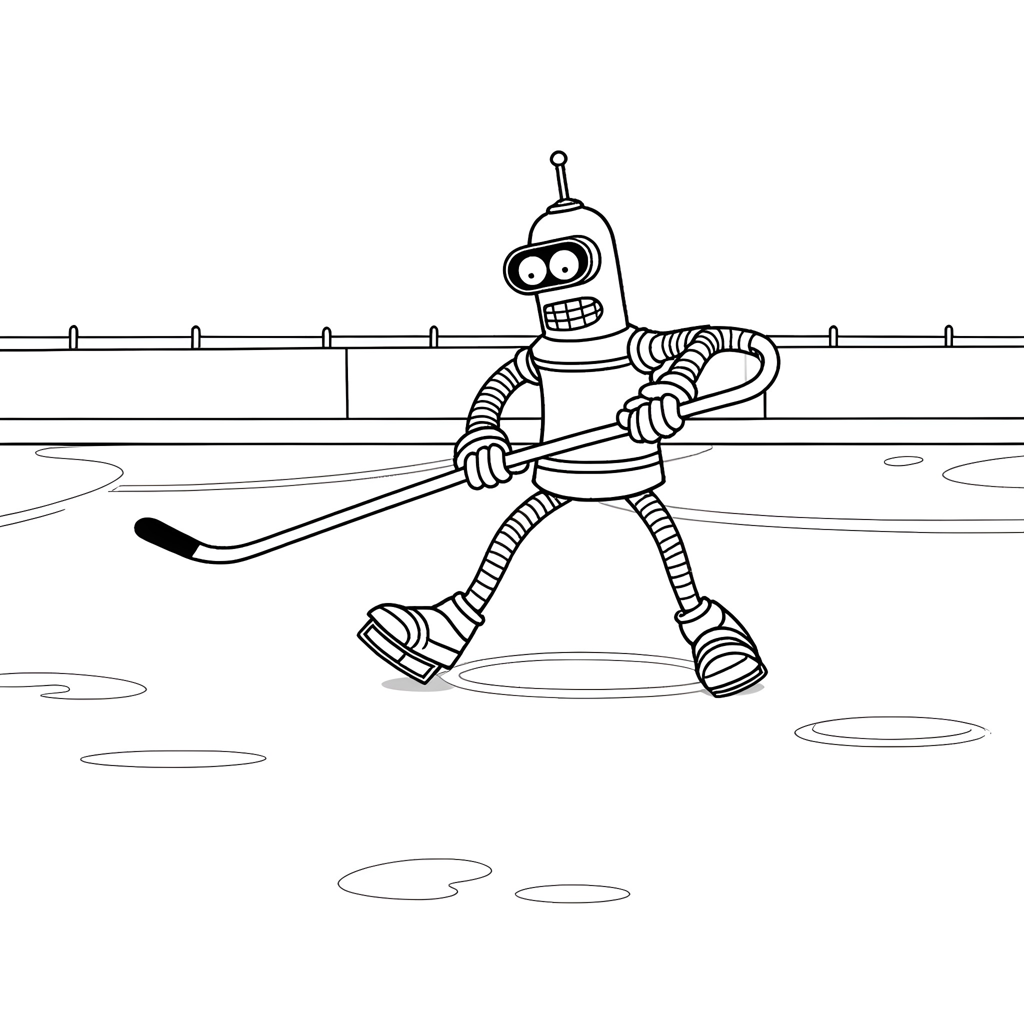Bender playing hockey on ice Coloring Page (free black-and-white line drawing printable PDF for all, from beginners to advanced learners, including children, teens, adults, and seniors)