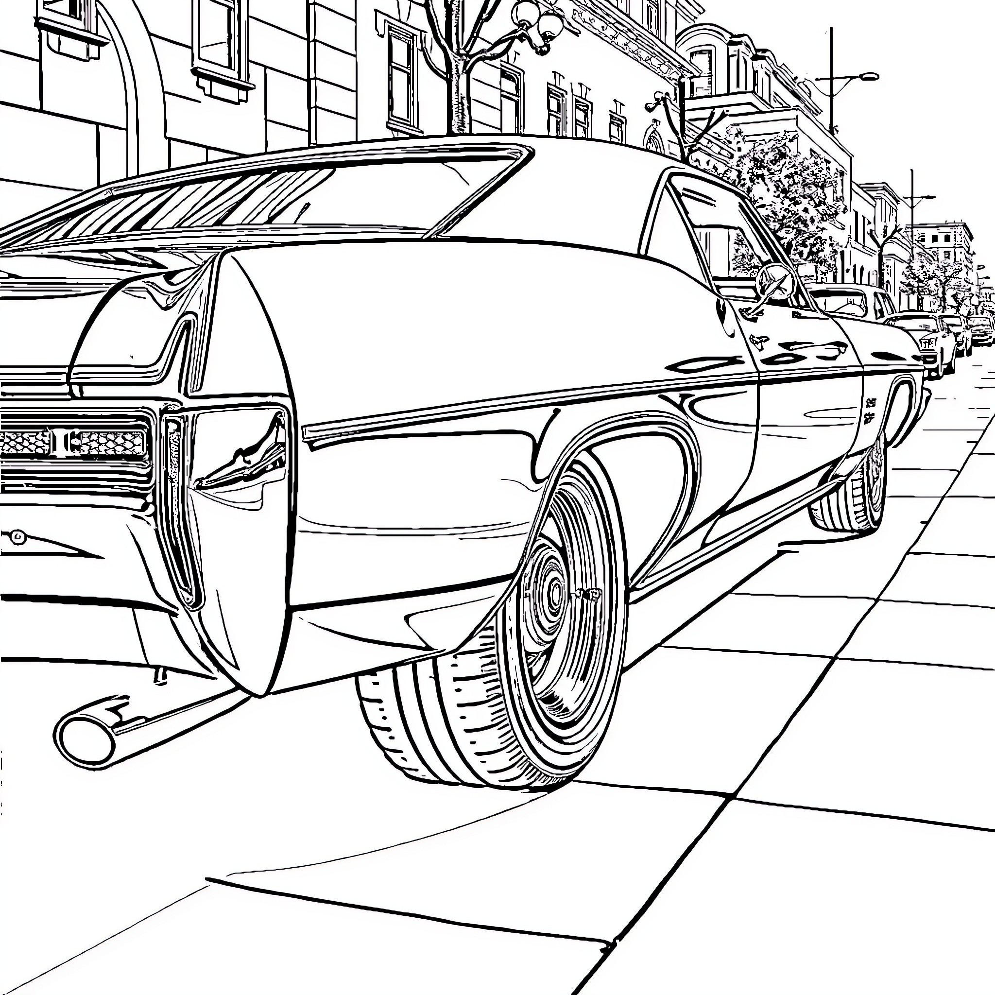 Impala on the city street Coloring Page (free black-and-white line drawing printable PDF for all, from beginners to advanced learners, including children, teens, adults, and seniors)