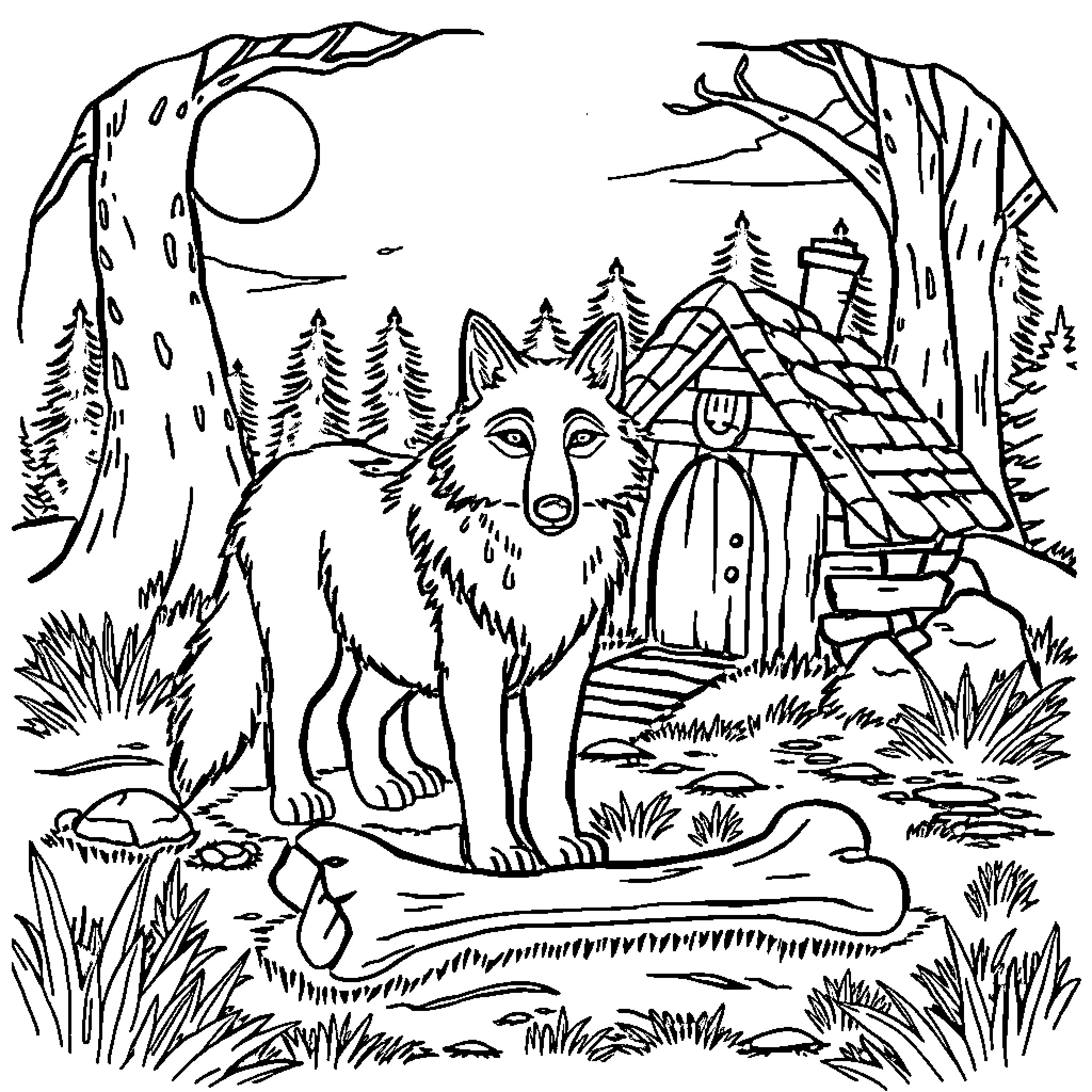 Wolf Guarding a Woodland Cabin Coloring Page (free black-and-white line drawing printable PDF for all, from beginners to advanced learners, including children, teens, adults, and seniors)