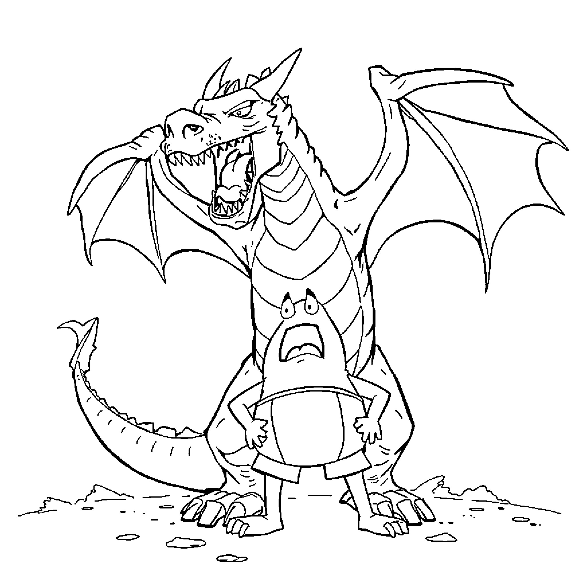 Dragon Roaring Fiercely at Tiny Creature Coloring Page (free black-and-white line drawing printable PDF for all, from beginners to advanced learners, including children, teens, adults, and seniors)