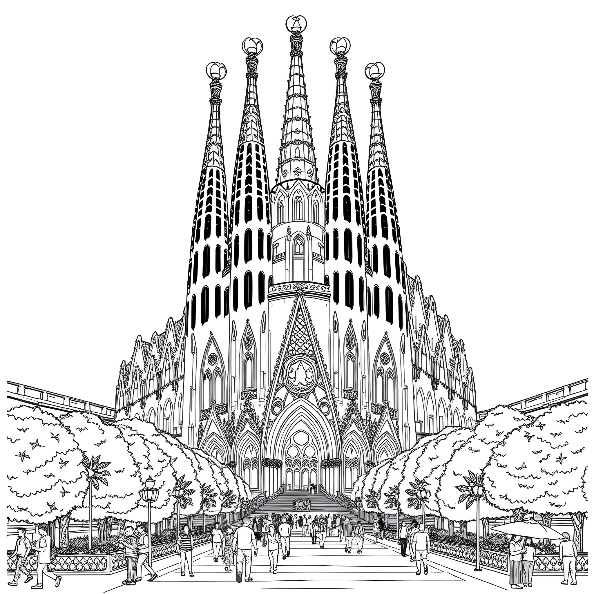 Sagrada Familia Cathedral, Iconic Architecture with Visitors Coloring Page (free black-and-white line drawing printable PDF for all, from beginners to advanced learners, including children, teens, adults, and seniors)
