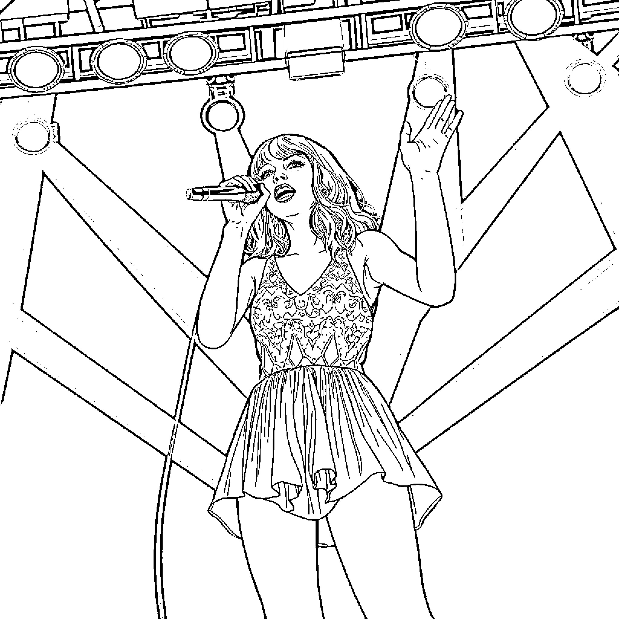 Taylor Swift Performing on Stage Coloring Page (free black-and-white line drawing printable PDF for all, from beginners to advanced learners, including children, teens, adults, and seniors)