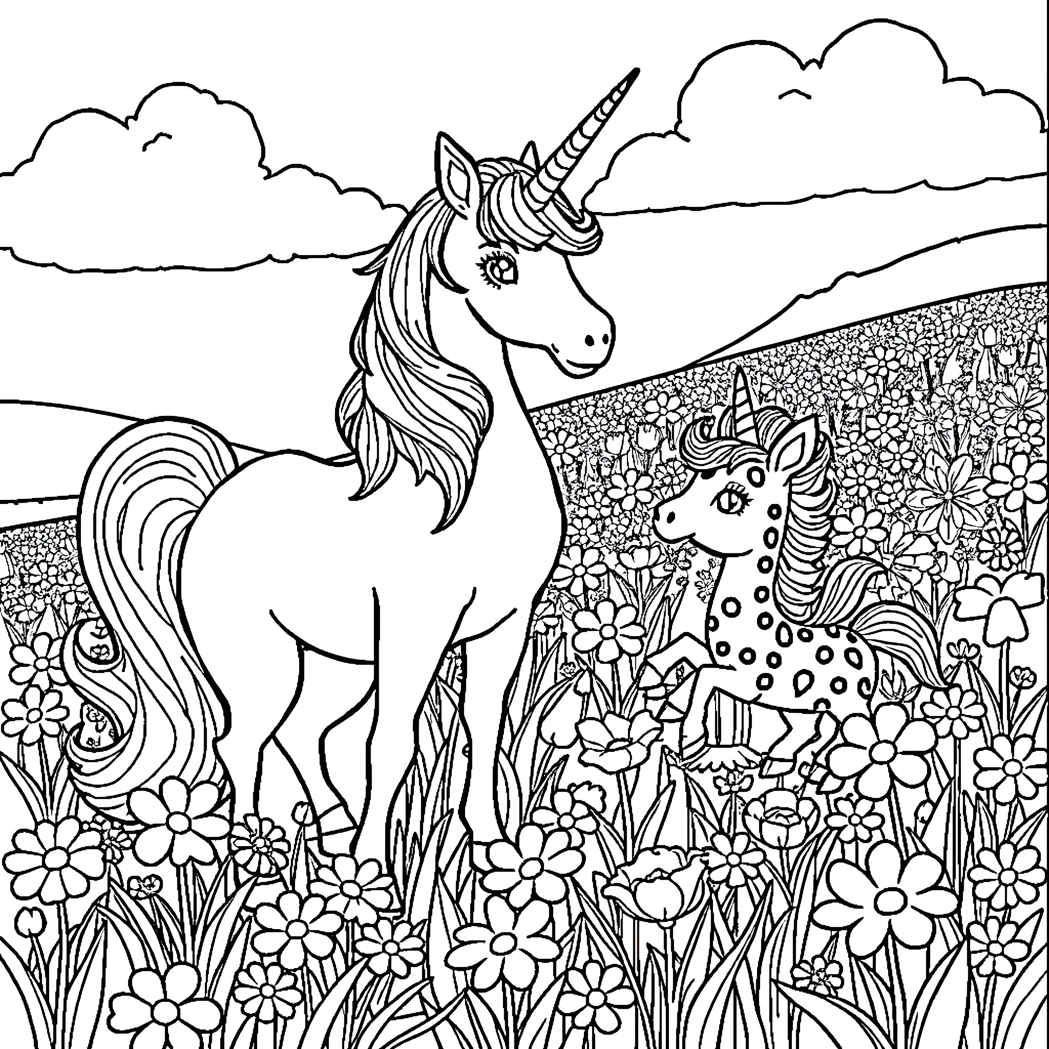 Unicorn exploring the enchanted meadow Coloring Page (free black-and-white line drawing printable PDF for all, from beginners to advanced learners, including children, teens, adults, and seniors)