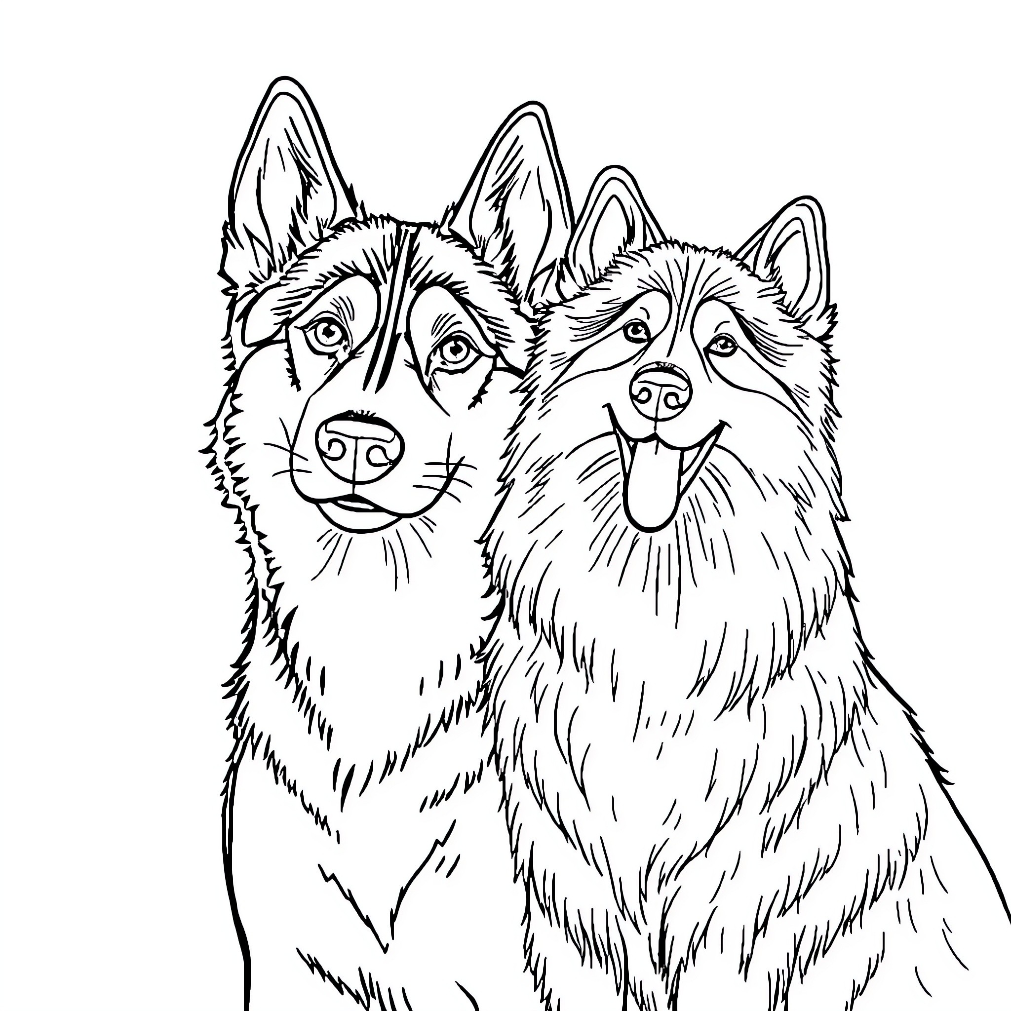 Dogs sitting together happily in the park Coloring Page (free black-and-white line drawing printable PDF for all, from beginners to advanced learners, including children, teens, adults, and seniors)
