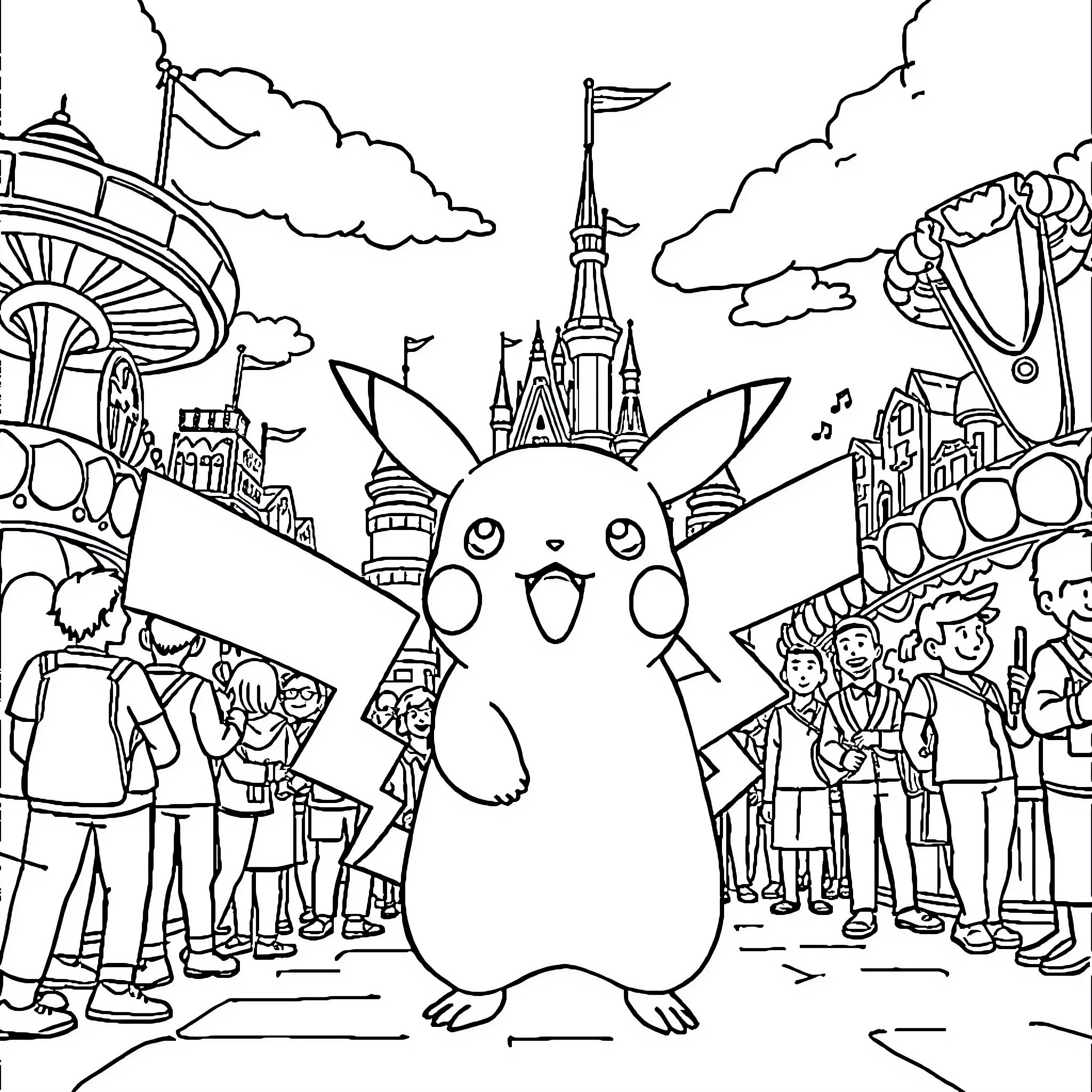 Pikachu exploring the magical Pokemon theme park Coloring Page (free black-and-white line drawing printable PDF for all, from beginners to advanced learners, including children, teens, adults, and seniors)