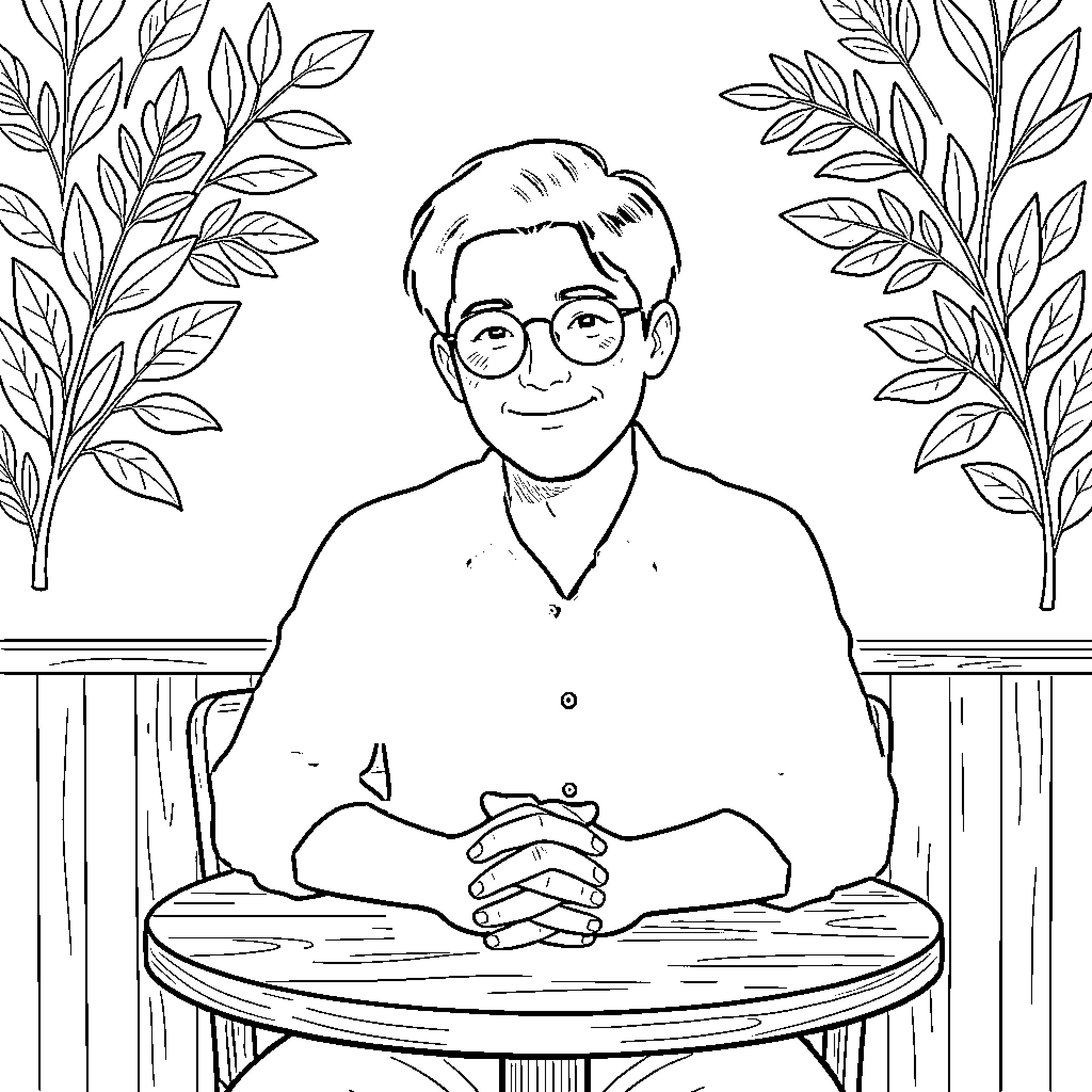 Person sitting at desk with leaves around Coloring Page (free black-and-white line drawing printable PDF for all, from beginners to advanced learners, including children, teens, adults, and seniors)