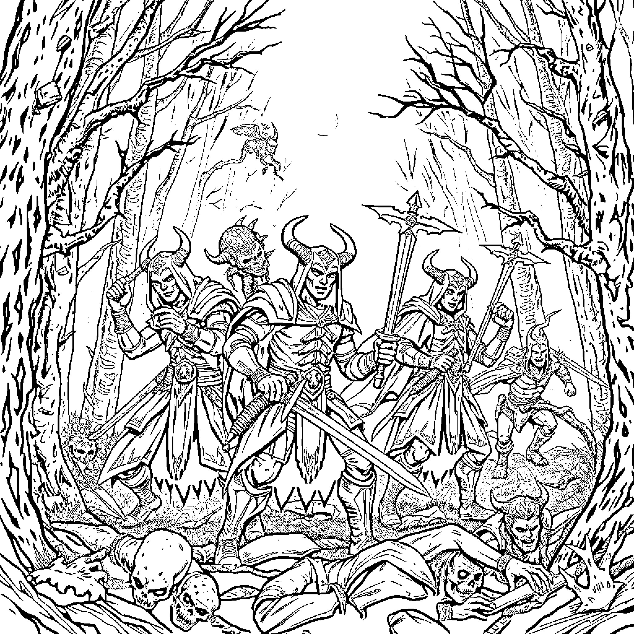 Demonhunter Encounter in Dark Enchanted Forest Coloring Page (free black-and-white line drawing printable PDF for all, from beginners to advanced learners, including children, teens, adults, and seniors)