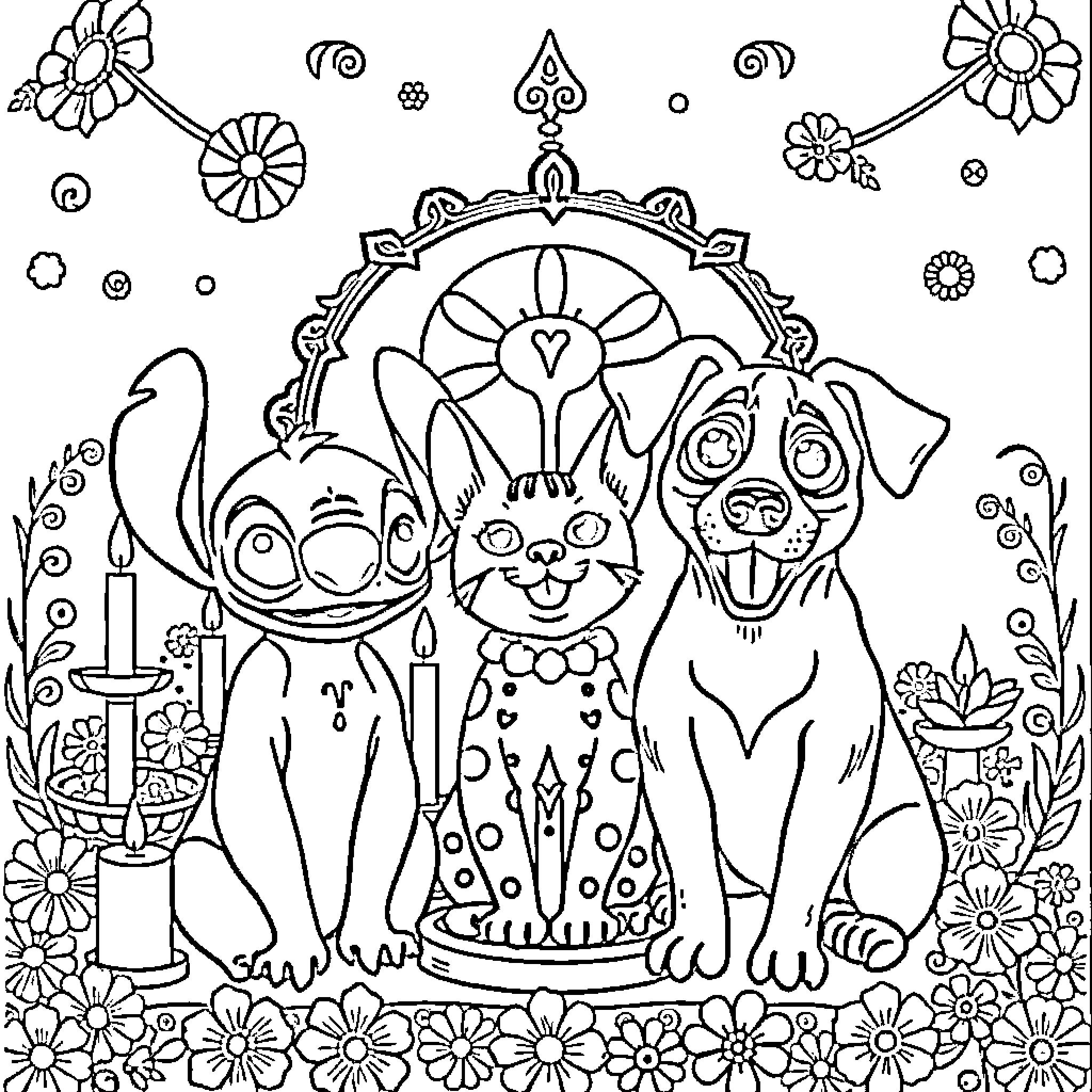 Stitch of Whimsical Creatures and Floral Designs Coloring Page (free black-and-white line drawing printable PDF for all, from beginners to advanced learners, including children, teens, adults, and seniors)