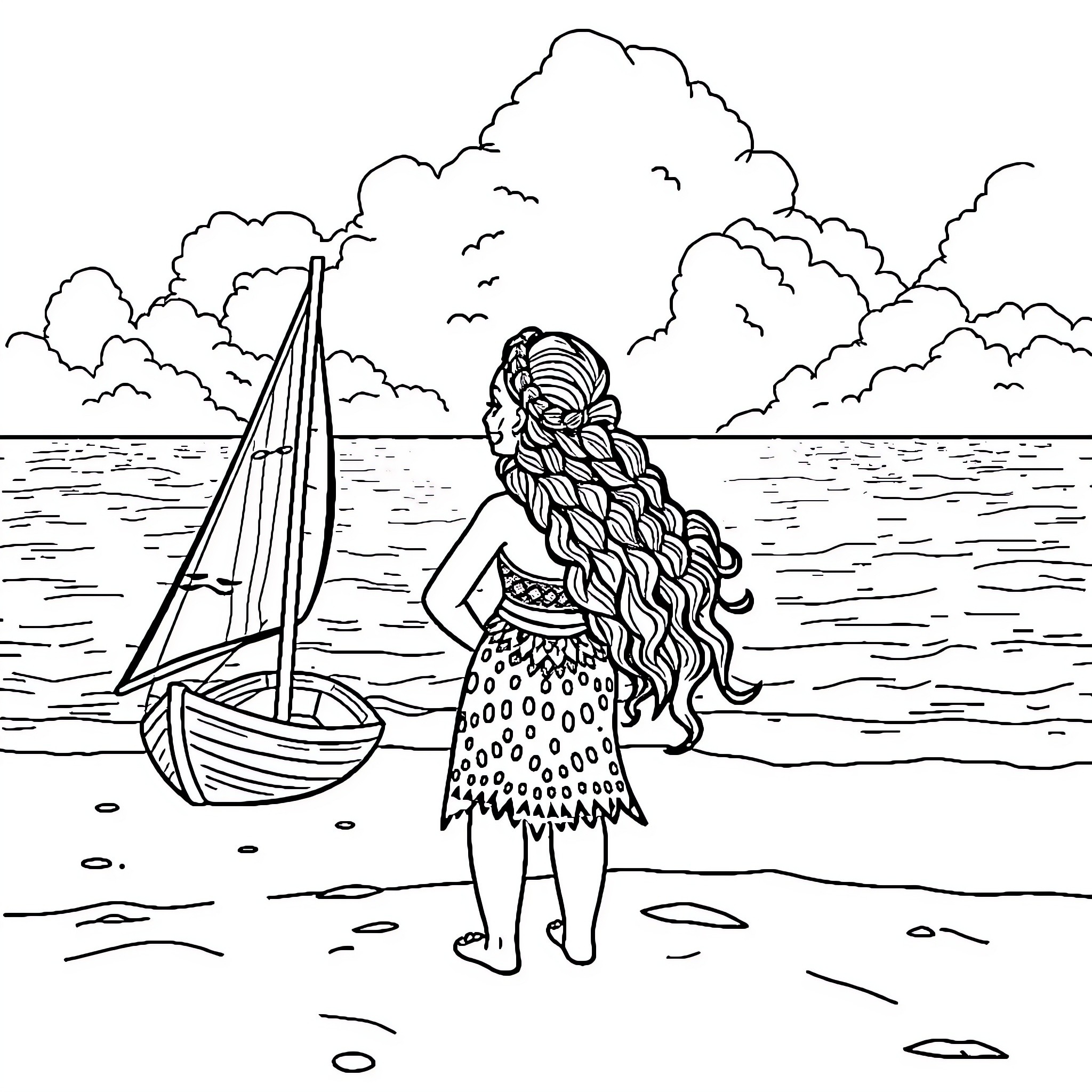 Moana stands by a sailboat on the beach Coloring Page (free black-and-white line drawing printable PDF for all, from beginners to advanced learners, including children, teens, adults, and seniors)