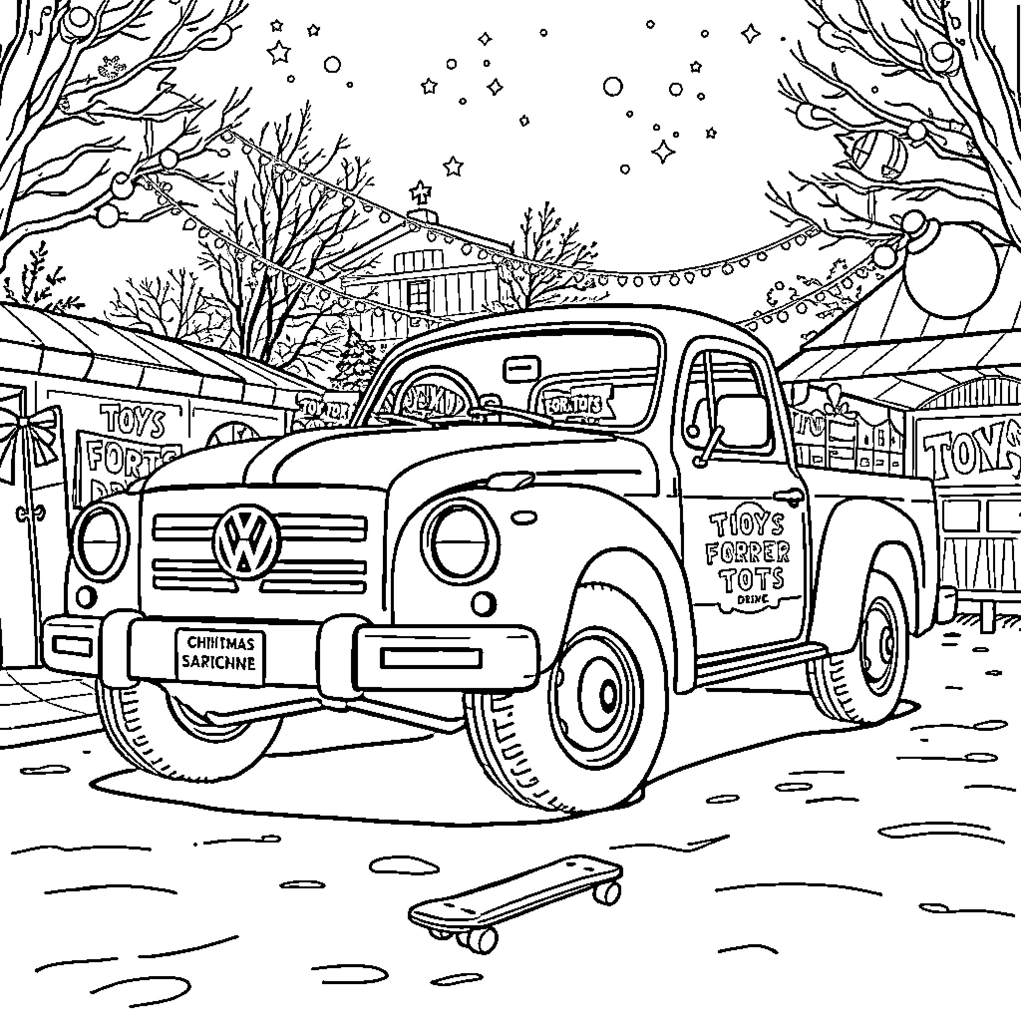 Volkswagen vintage truck delivering toys in winter wonderland Coloring Page (free black-and-white line drawing printable PDF for all, from beginners to advanced learners, including children, teens, adults, and seniors)