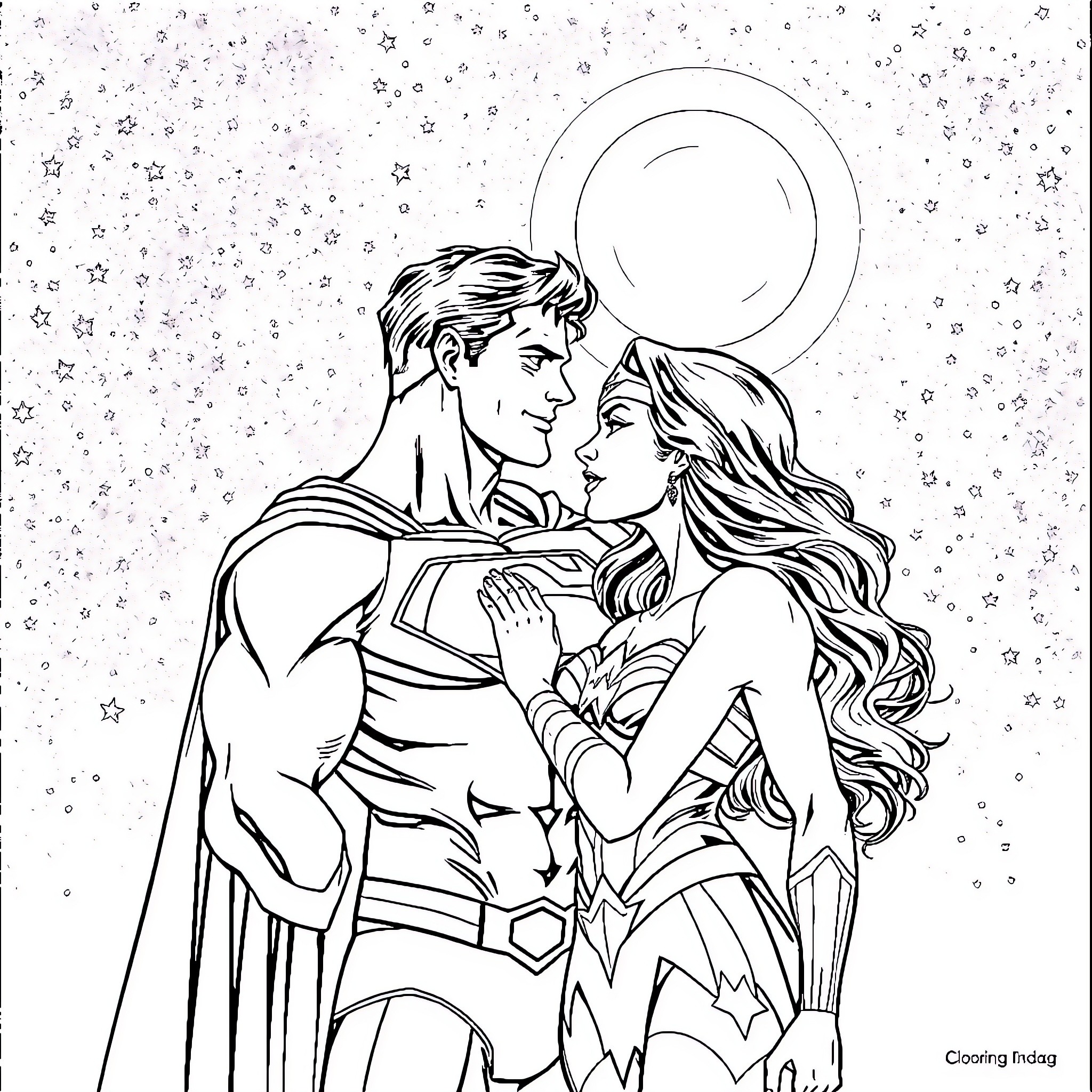 Superman and Wonder Woman in a romantic embrace under the stars Coloring Page (free black-and-white line drawing printable PDF for all, from beginners to advanced learners, including children, teens, adults, and seniors)