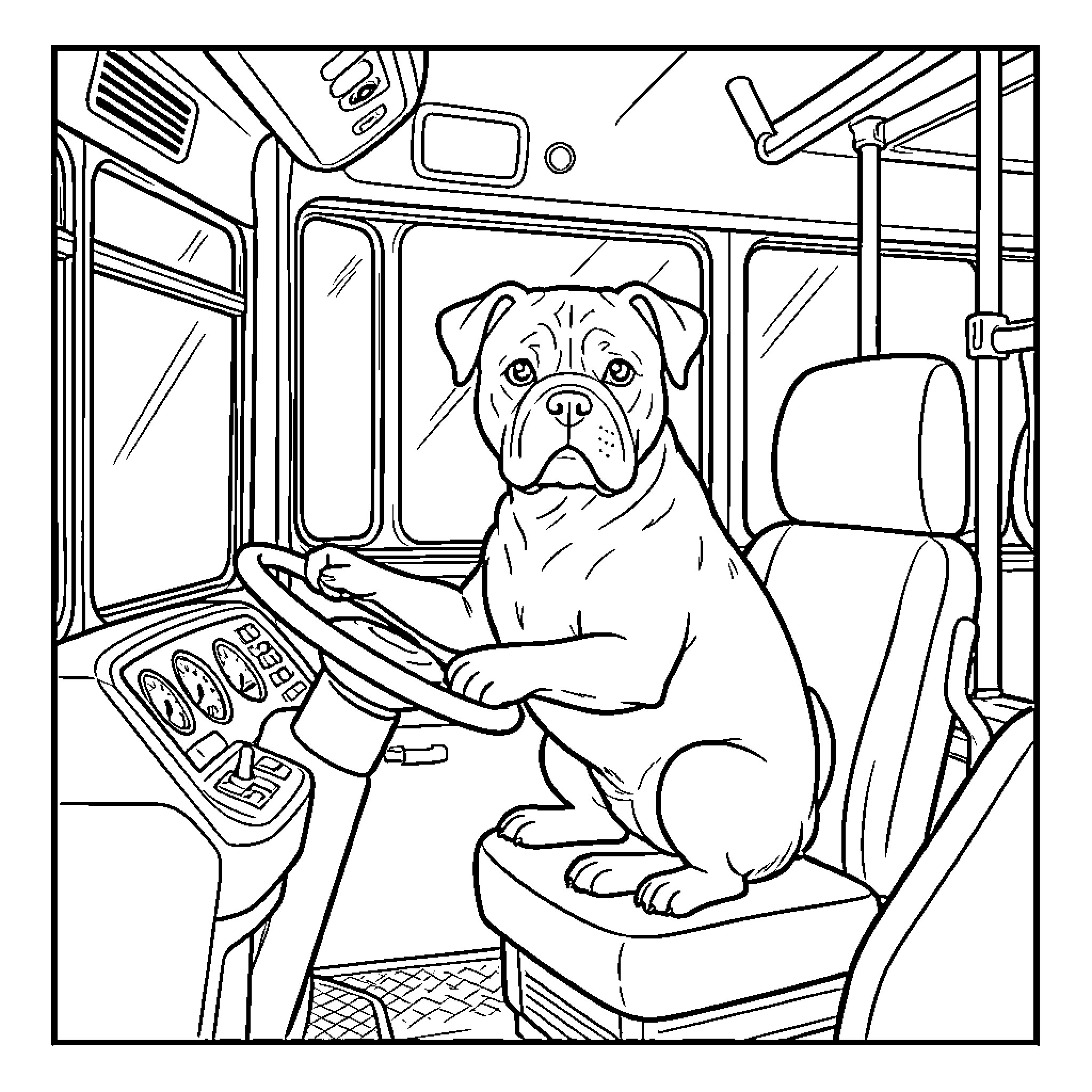 Staffy driving a large bus with focus Coloring Page (free black-and-white line drawing printable PDF for all, from beginners to advanced learners, including children, teens, adults, and seniors)