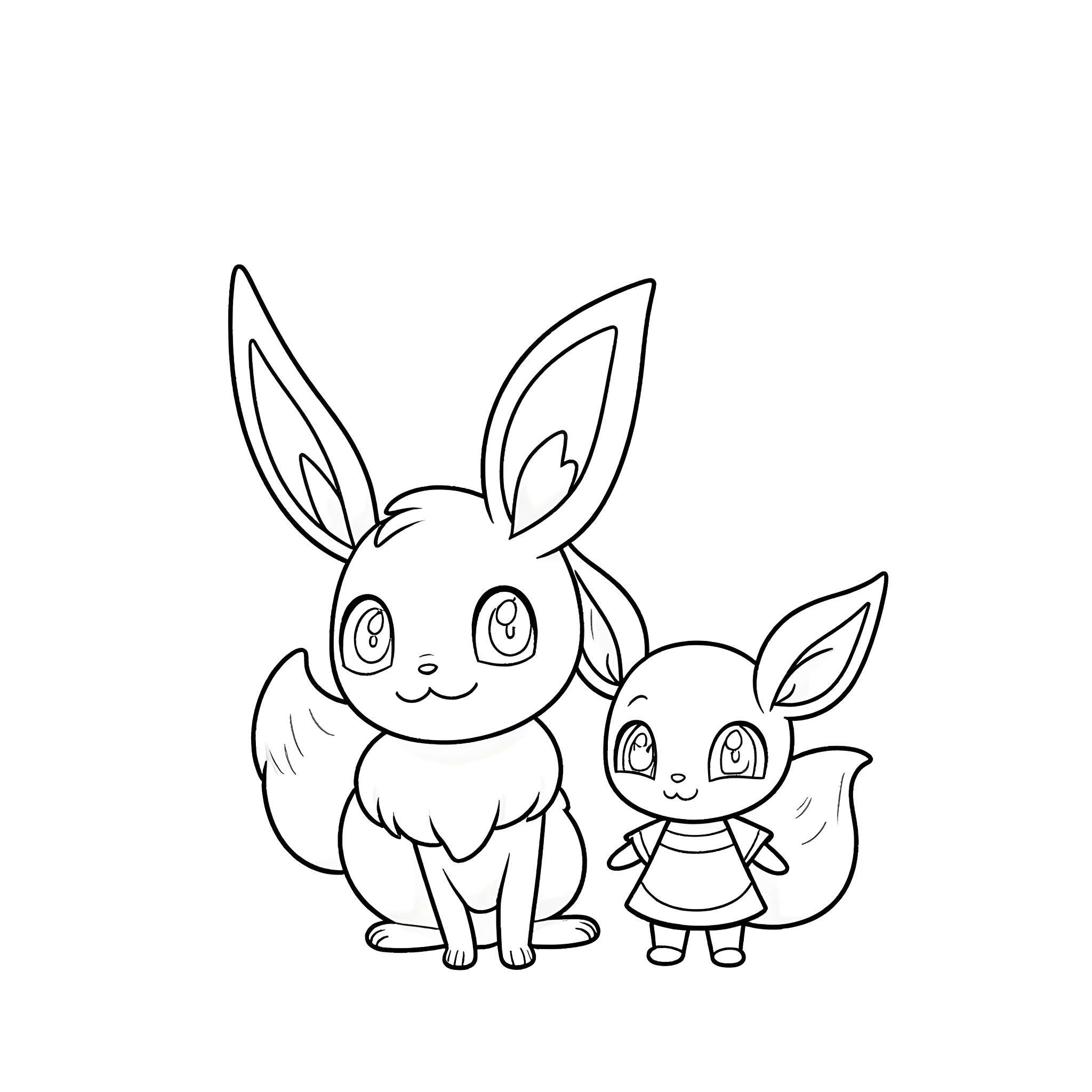 Pokémon Eevee and Sylveon companions Coloring Page (free black-and-white line drawing printable PDF for all, from beginners to advanced learners, including children, teens, adults, and seniors)