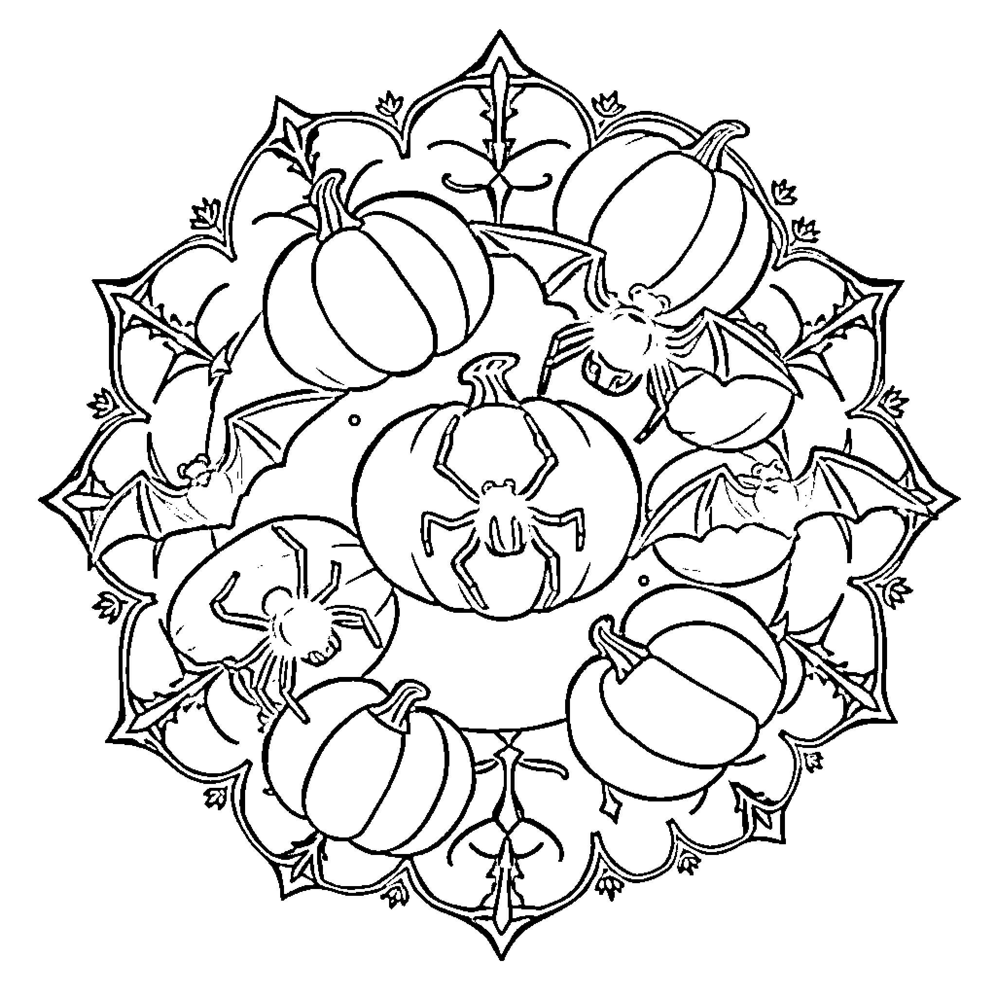 Mandala of Spooky Halloween Pumpkins and Spiders Coloring Page (free black-and-white line drawing printable PDF for all, from beginners to advanced learners, including children, teens, adults, and seniors)
