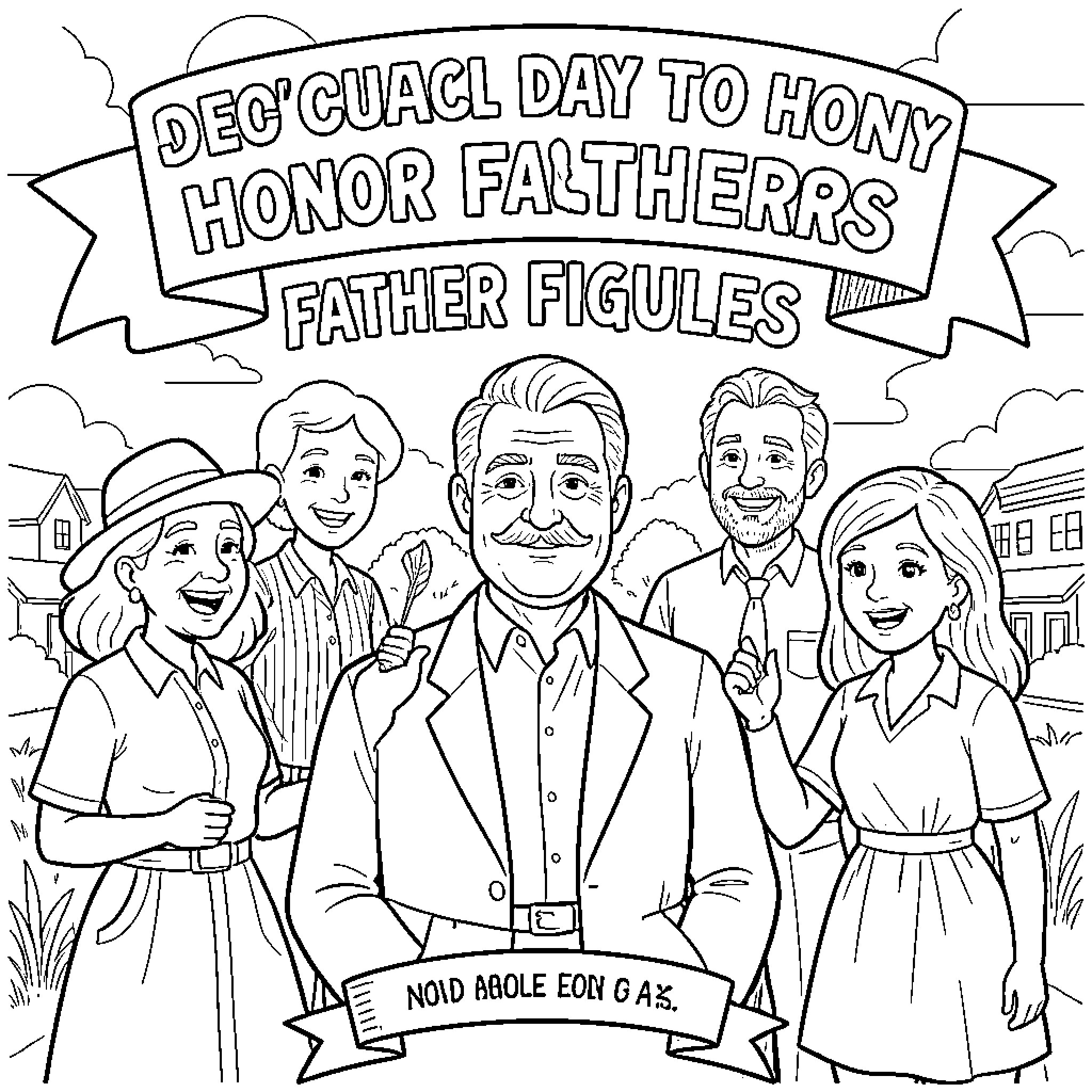 Father’s Day celebration with a smiling family Coloring Page (free black-and-white line drawing printable PDF for all, from beginners to advanced learners, including children, teens, adults, and seniors)