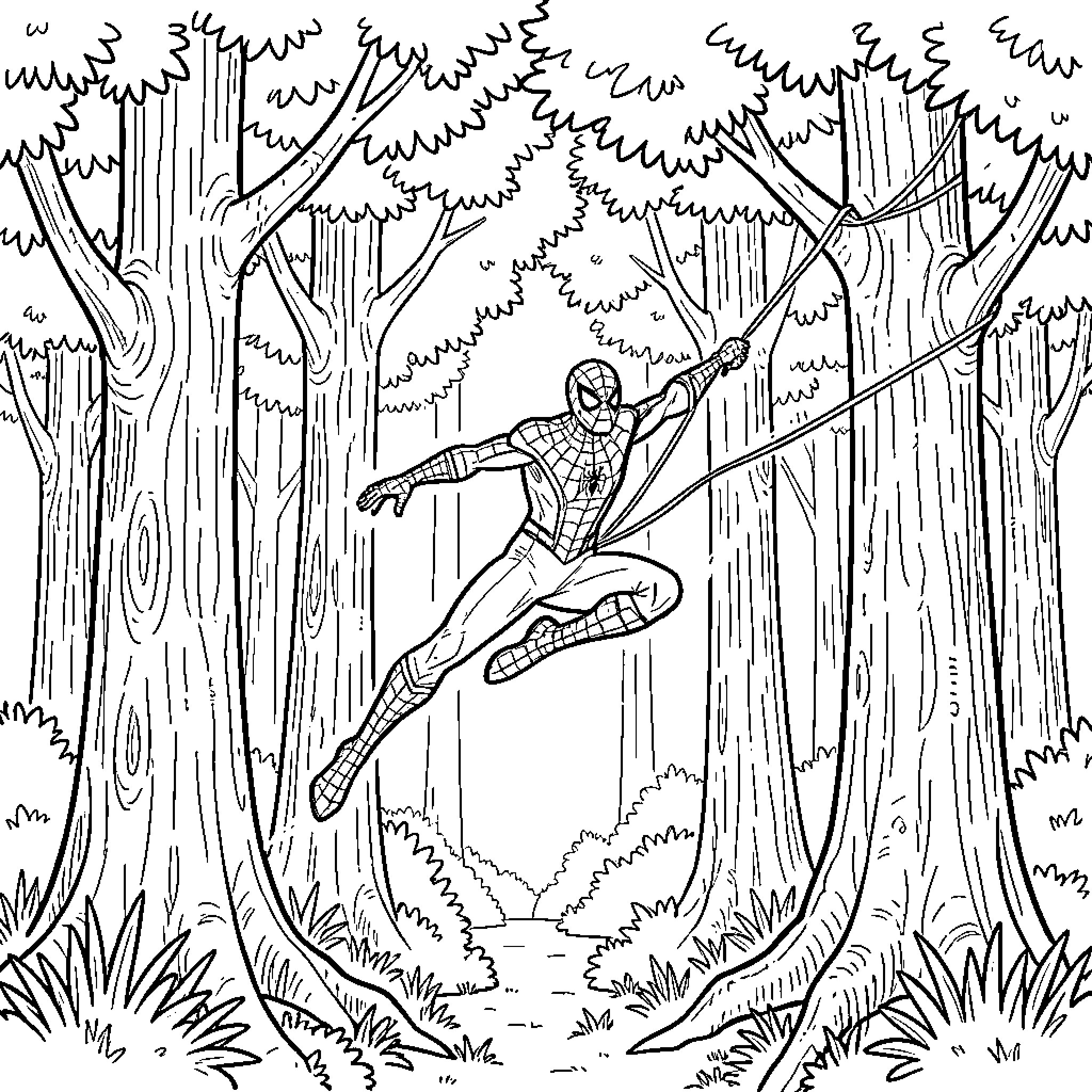 Spiderman swinging through a dense forest Coloring Page (free black-and-white line drawing printable PDF for all, from beginners to advanced learners, including children, teens, adults, and seniors)