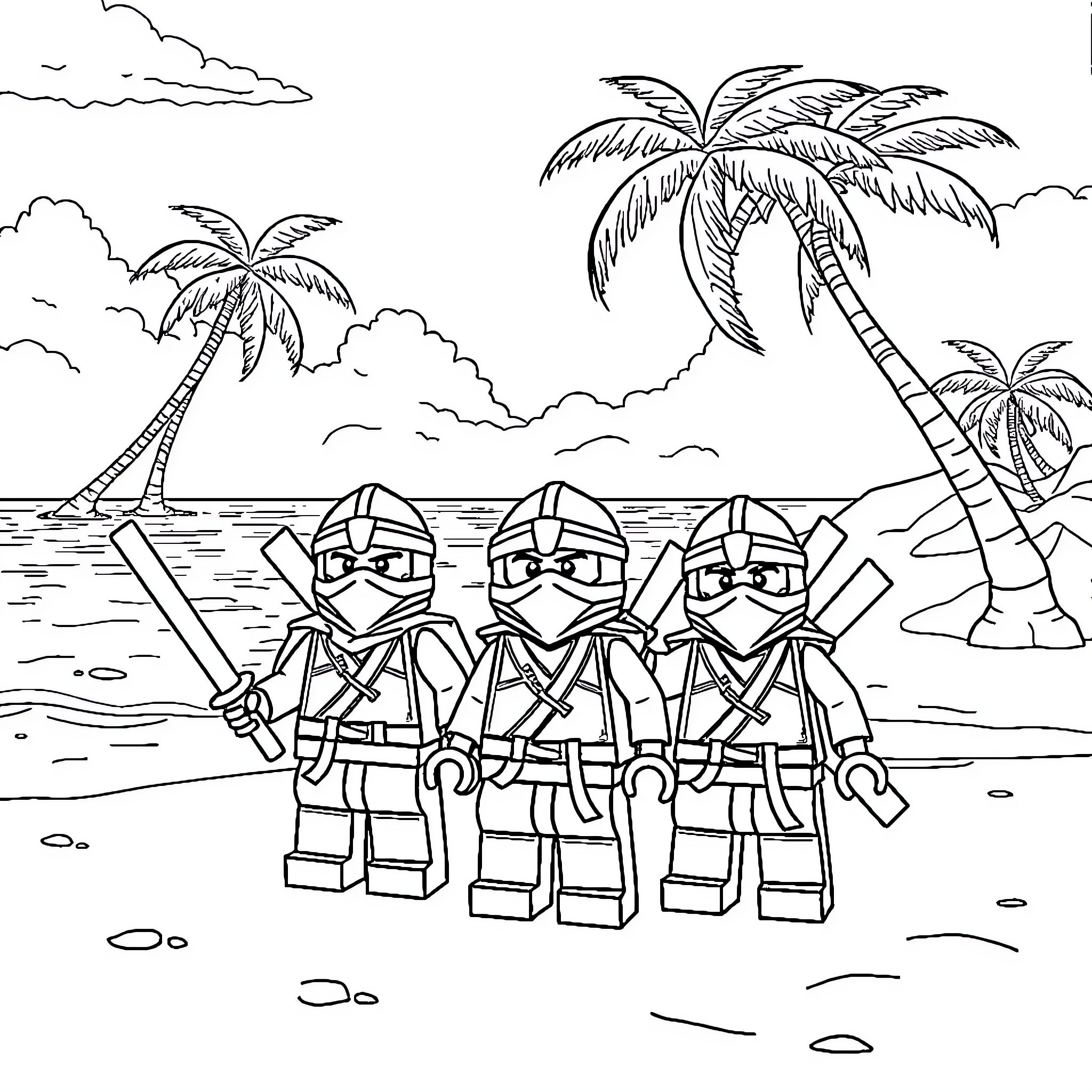 Ninjago warriors on a tropical beach Coloring Page (free black-and-white line drawing printable PDF for all, from beginners to advanced learners, including children, teens, adults, and seniors)