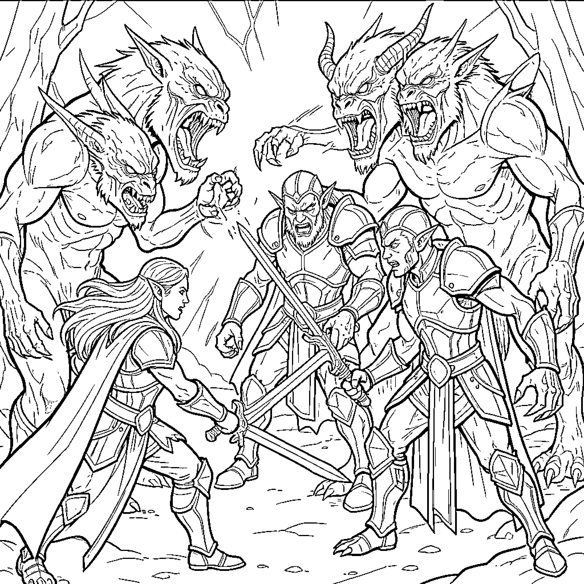 Elf warriors facing mythical beasts in battle Coloring Page (free black-and-white line drawing printable PDF for all, from beginners to advanced learners, including children, teens, adults, and seniors)