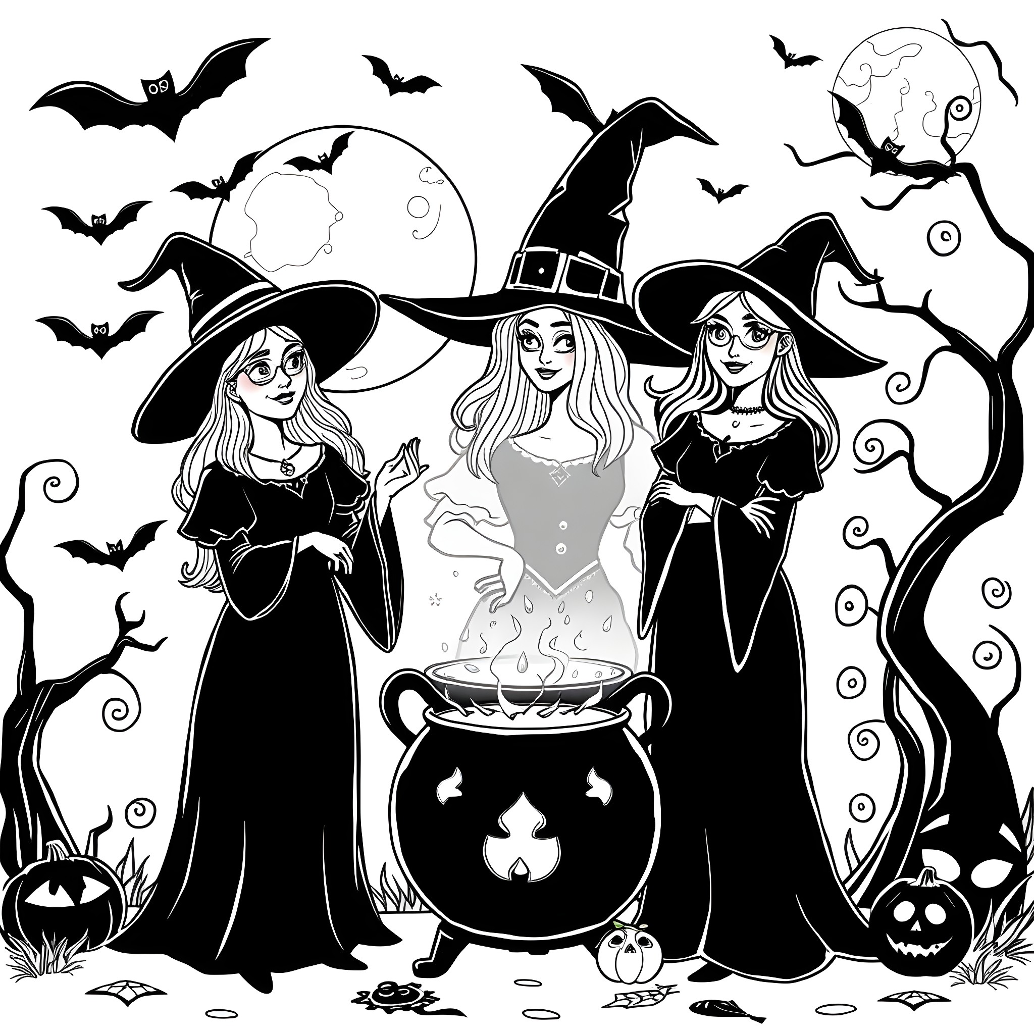 Sanderson Sisters Practicing Witchcraft in a Spooky Halloween Scene Coloring Page (free black-and-white line drawing printable PDF for all, from beginners to advanced learners, including children, teens, adults, and seniors)