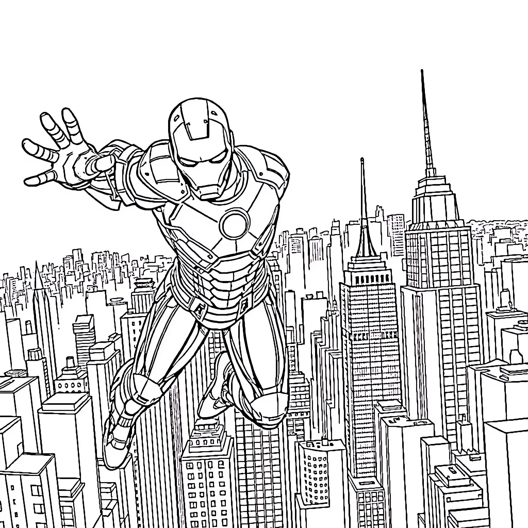 Ironman soaring above the city skyline Coloring Page (free black-and-white line drawing printable PDF for all, from beginners to advanced learners, including children, teens, adults, and seniors)