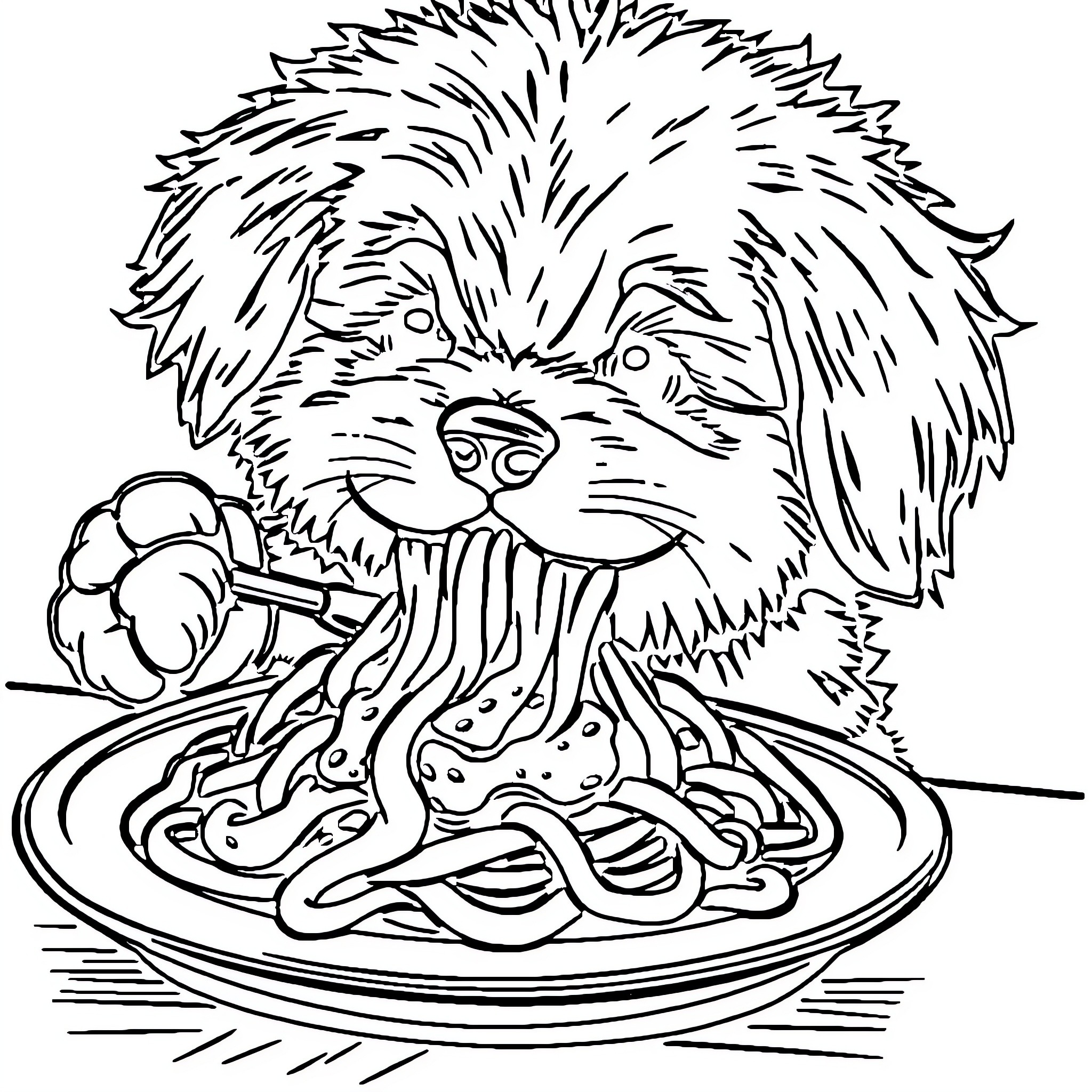 Puppy Enjoying a Tasty Spaghetti Dish Coloring Page (free black-and-white line drawing printable PDF for all, from beginners to advanced learners, including children, teens, adults, and seniors)