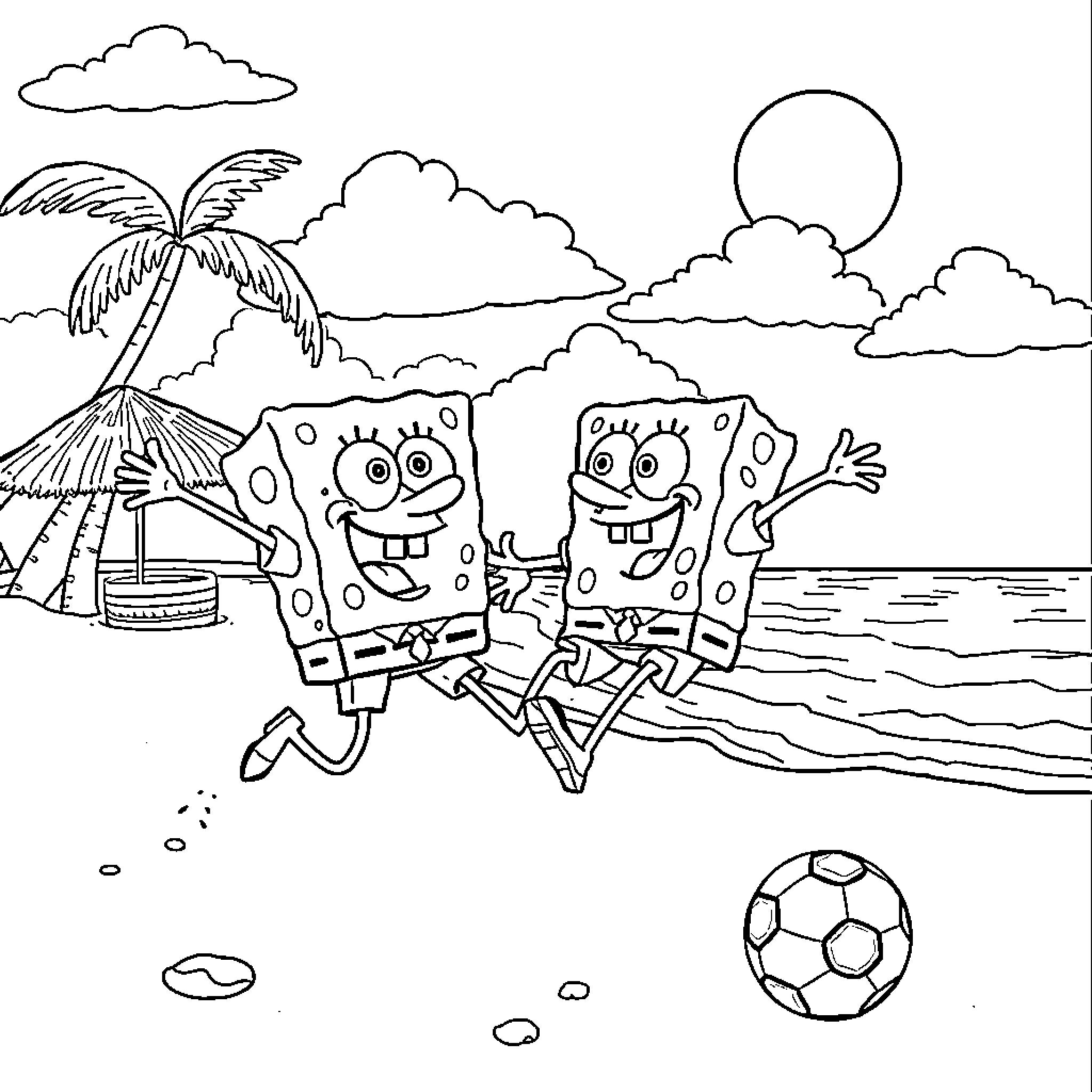 Spongebob and Patrick playing joyfully on the beach Coloring Page (free black-and-white line drawing printable PDF for all, from beginners to advanced learners, including children, teens, adults, and seniors)