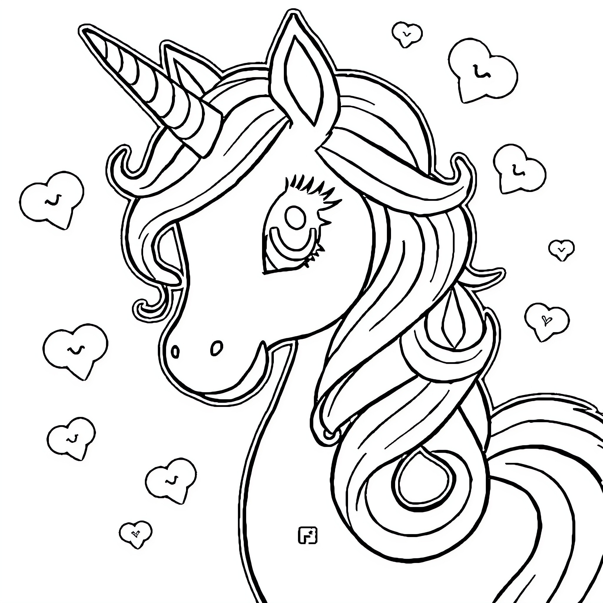 Unicorn with Flowing Mane and Enchanting Expression Coloring Page (free black-and-white line drawing printable PDF for all, from beginners to advanced learners, including children, teens, adults, and seniors)