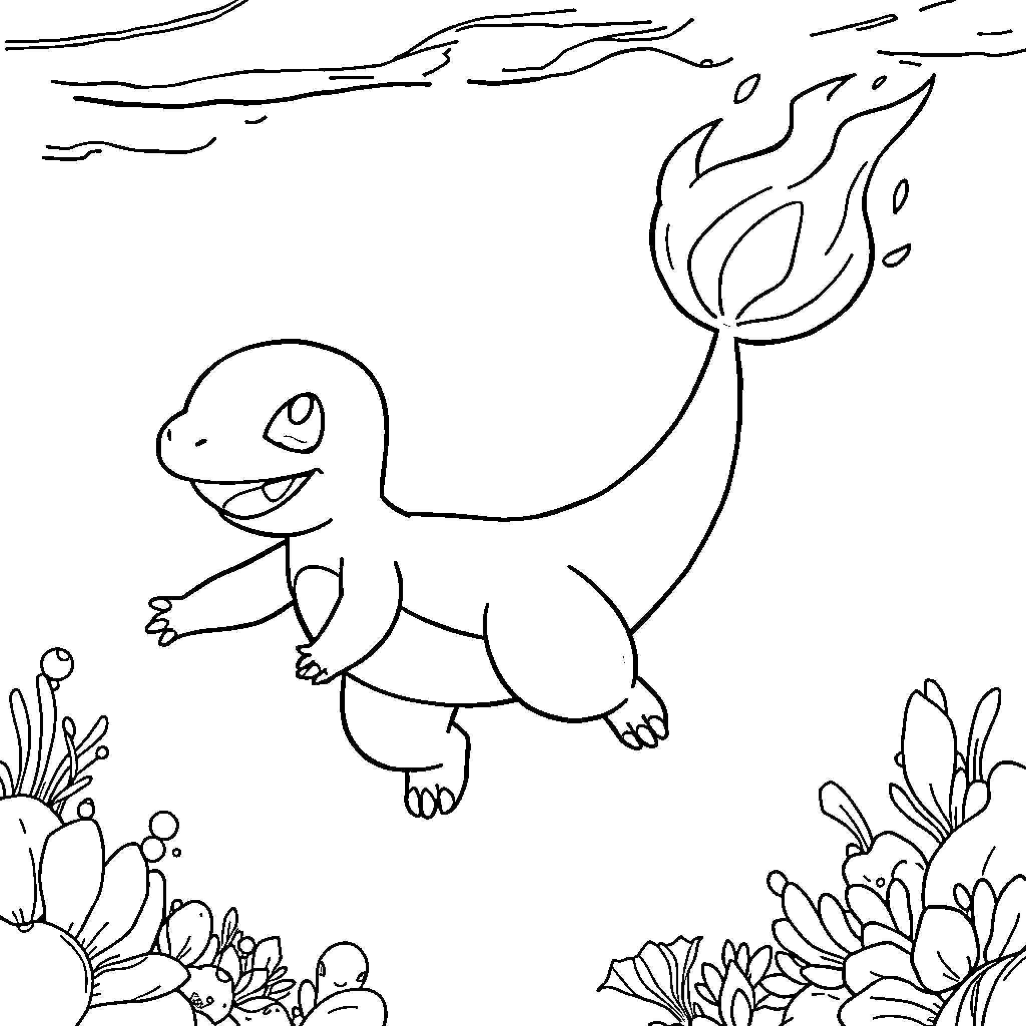 Charmander's Fiery Adventure in Nature Coloring Page (free black-and-white line drawing printable PDF for all, from beginners to advanced learners, including children, teens, adults, and seniors)