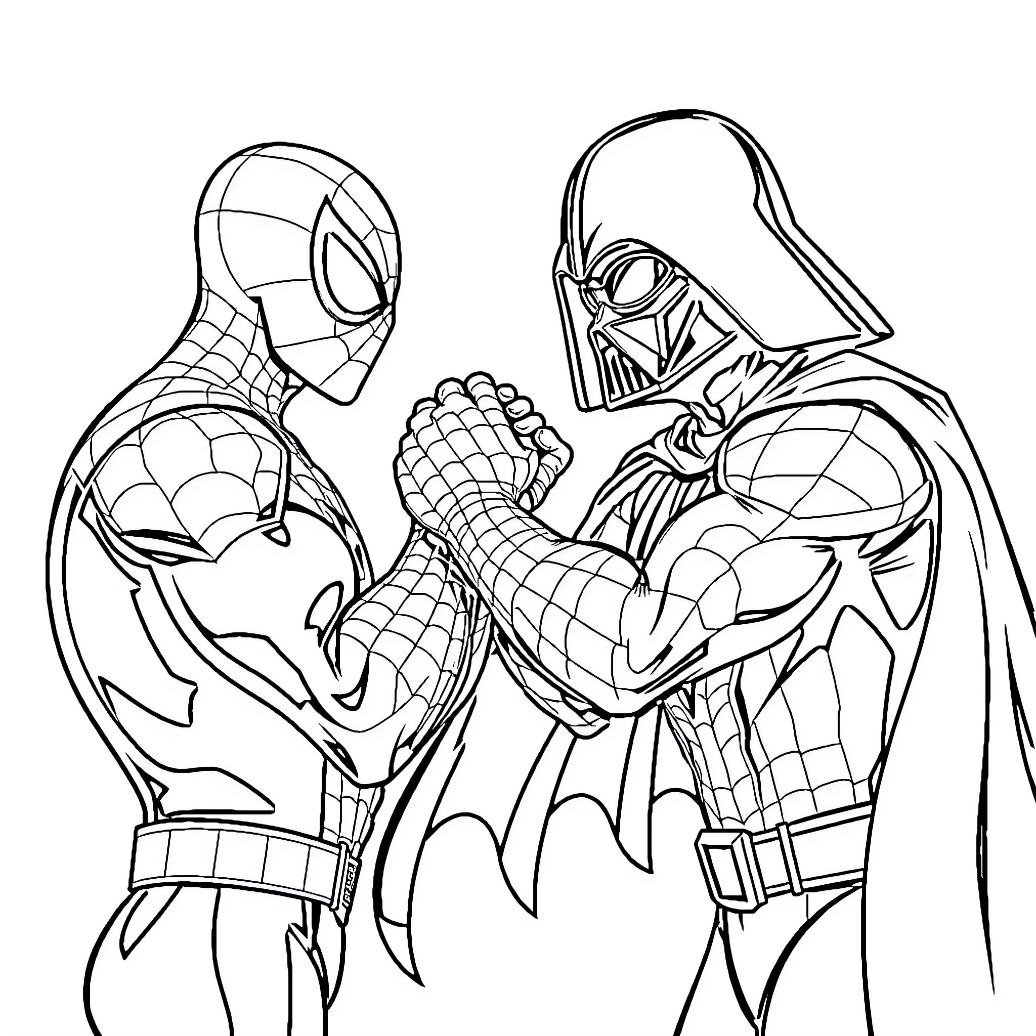 Spiderman and Darth Vader fighting in a comic book style Coloring Page (free black-and-white line drawing printable PDF for all, from beginners to advanced learners, including children, teens, adults, and seniors)