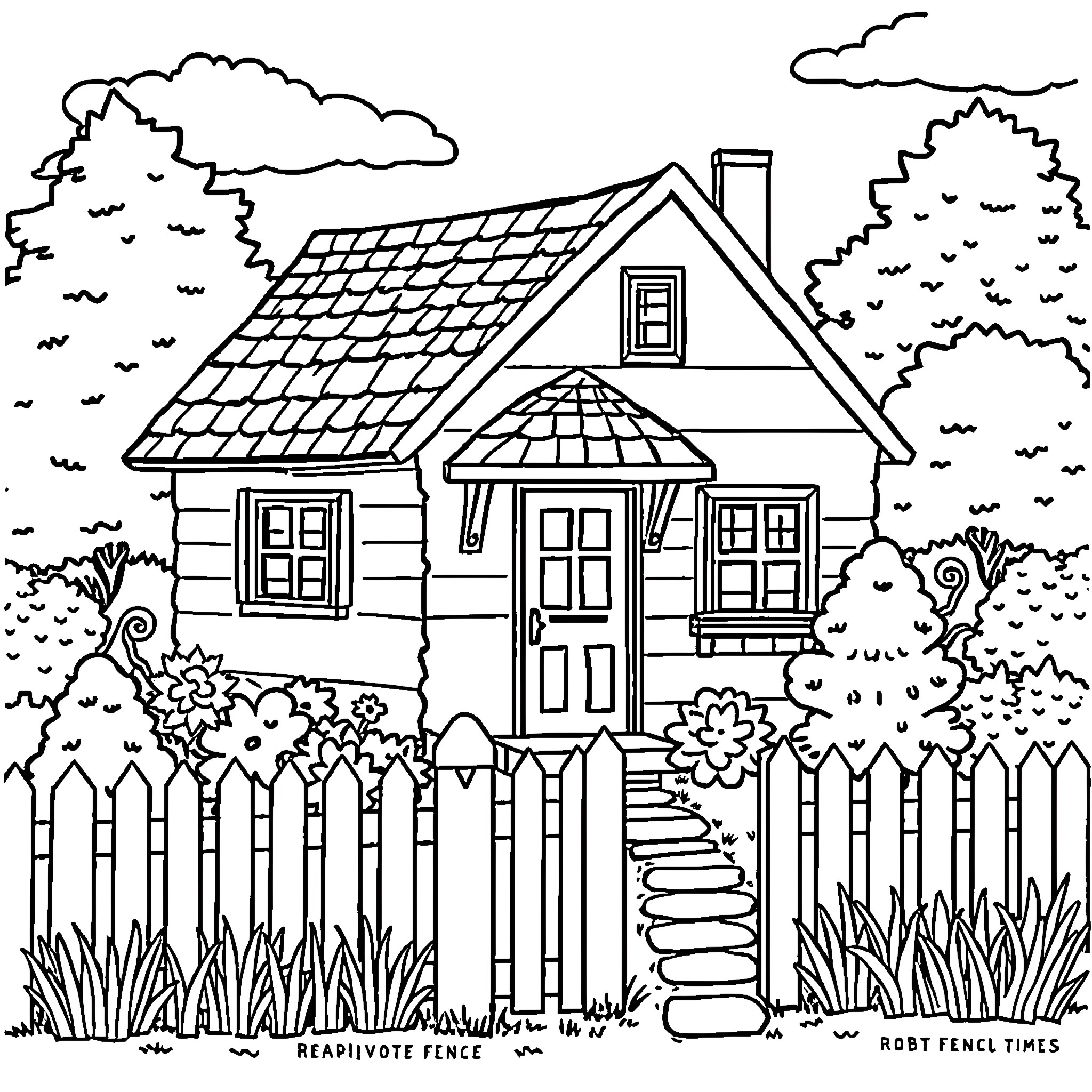 House with Picket Fence in Idyllic Countryside Coloring Page (free black-and-white line drawing printable PDF for all, from beginners to advanced learners, including children, teens, adults, and seniors)