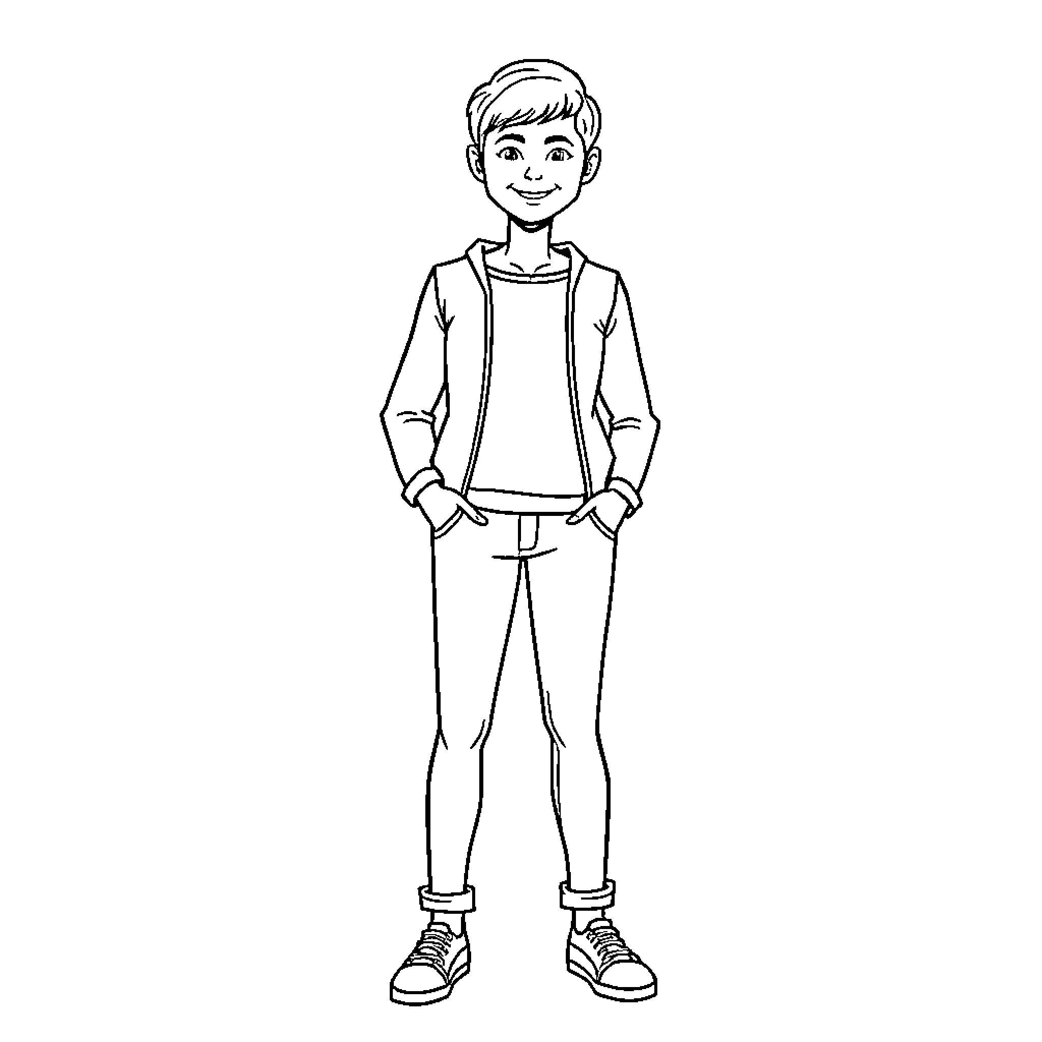 Harper's Casual Outfit and Friendly Pose Coloring Page (free black-and-white line drawing printable PDF for all, from beginners to advanced learners, including children, teens, adults, and seniors)