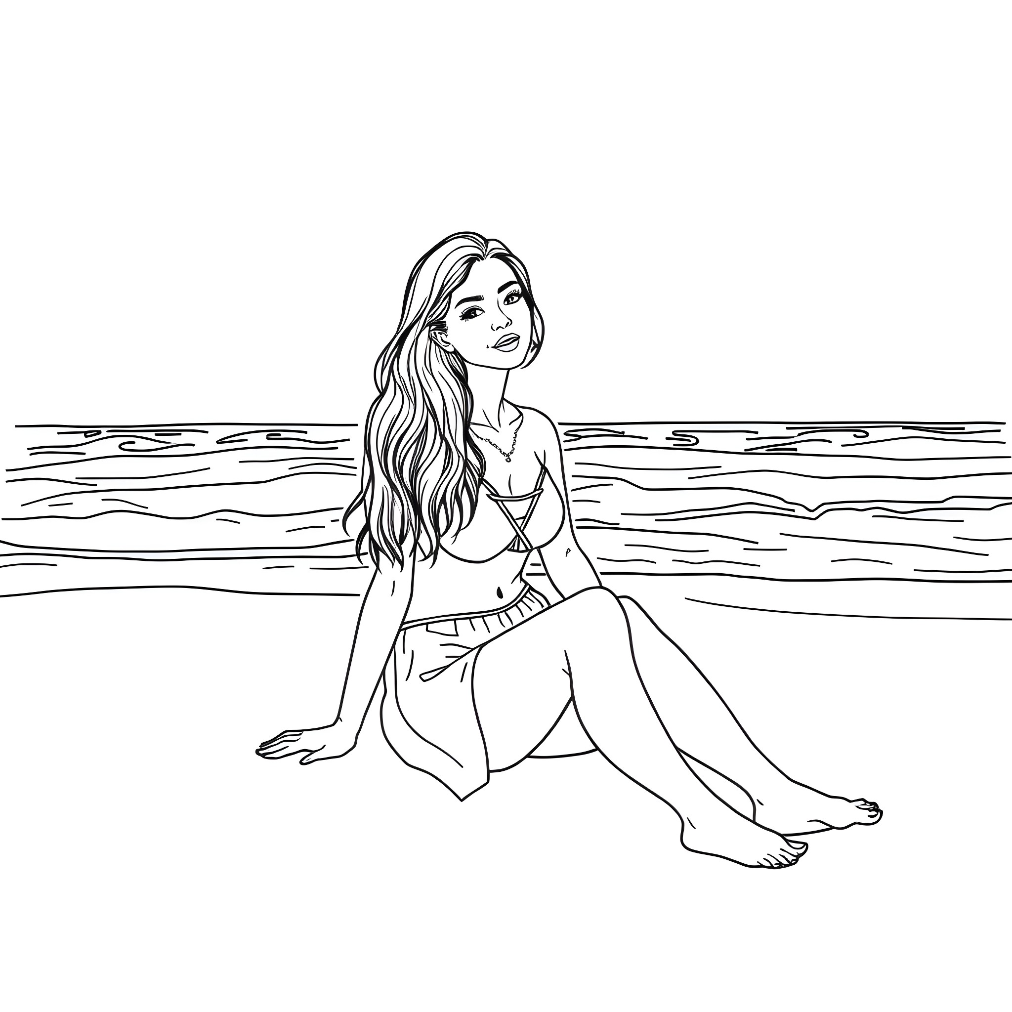 Woman sitting peacefully by the calm ocean Coloring Page (free black-and-white line drawing printable PDF for all, from beginners to advanced learners, including children, teens, adults, and seniors)